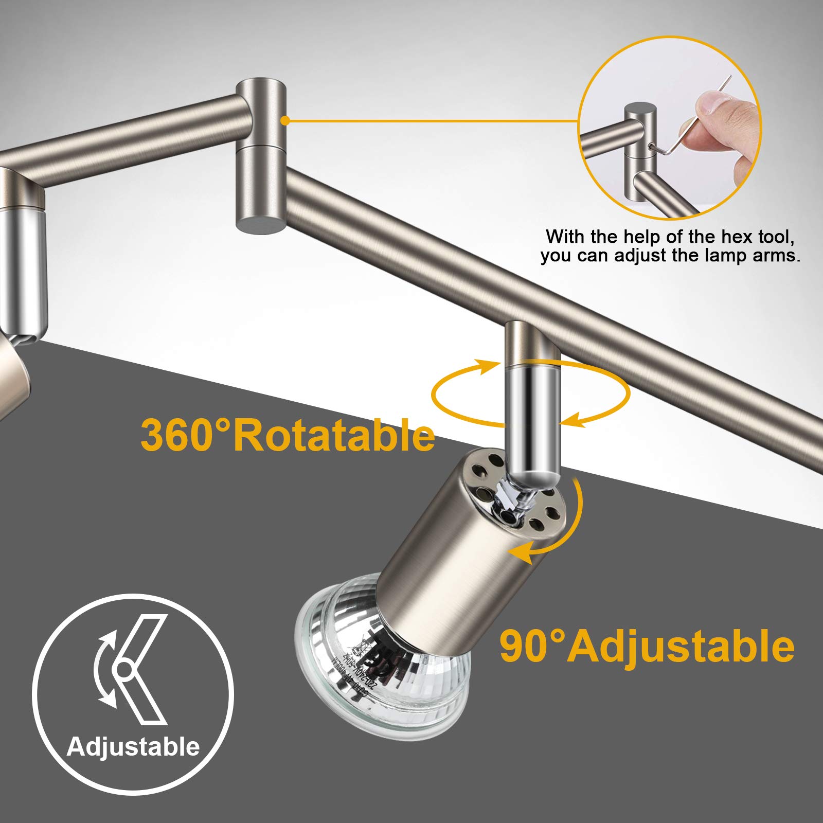 Diagram showing 360 degree rotatable and 90 degree adjustable light heads, and how to use a hex tool to adjust lamp arms