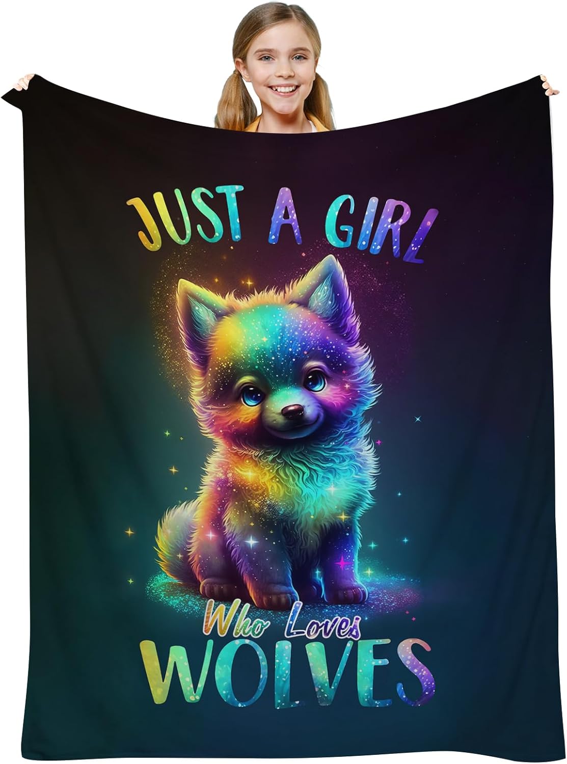 Just A Girl Who Loves Wolves Blanket - Cute Wolf Gift, Kawaii Baby Wolf Rainbow Starry Colors Throw Blanket, 60"X50"