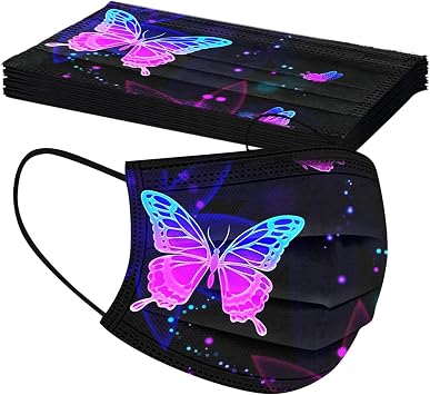 BOFFO 50 Pcs Butterfly Floral Face Bandanas with 3 Layer Face Filter with Elastic Earloop, Breathable with Lace Print Pattern, Suitable for school office outdoor for unisex Adult, Multicolored4