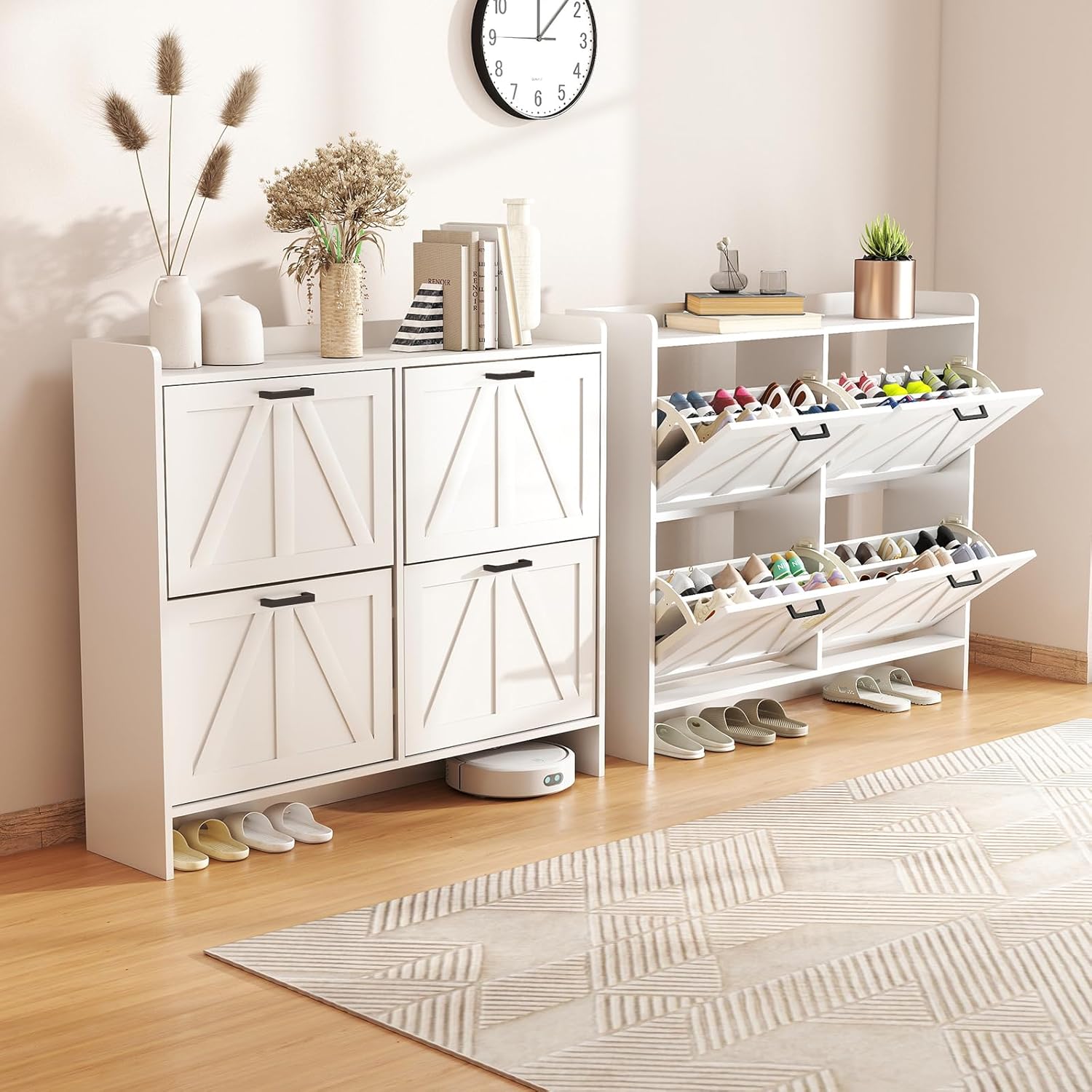 White Shoe Cabinet with 4 Flip Drawers, Freestanding Shoe Storage Cabinet with Adjustable Shelf for Entryway Hallway
