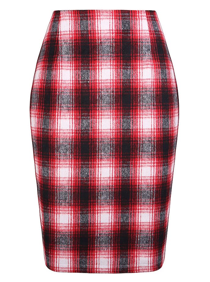 Islis Women's Midi Wool Plaid Pencil Skirt Zipper 2024 Fall Winter Slim Skirt, Small, 8866 Red