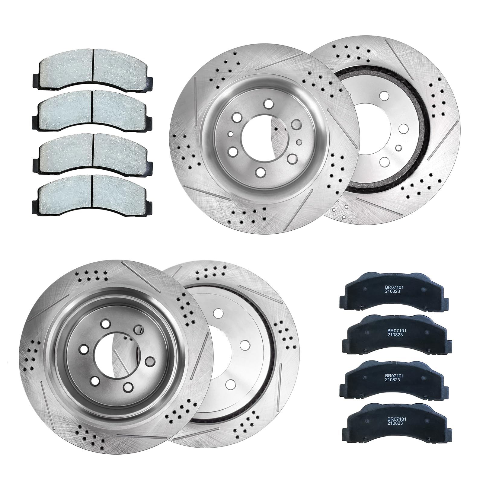 Front+Rear Drilled & Slotted Disc Rotors and Brake Pads replacement for 2007-2014 Cadillac Escalade Chevy Tahoe Silverado GM Yukon Sierra 1500 Truck
