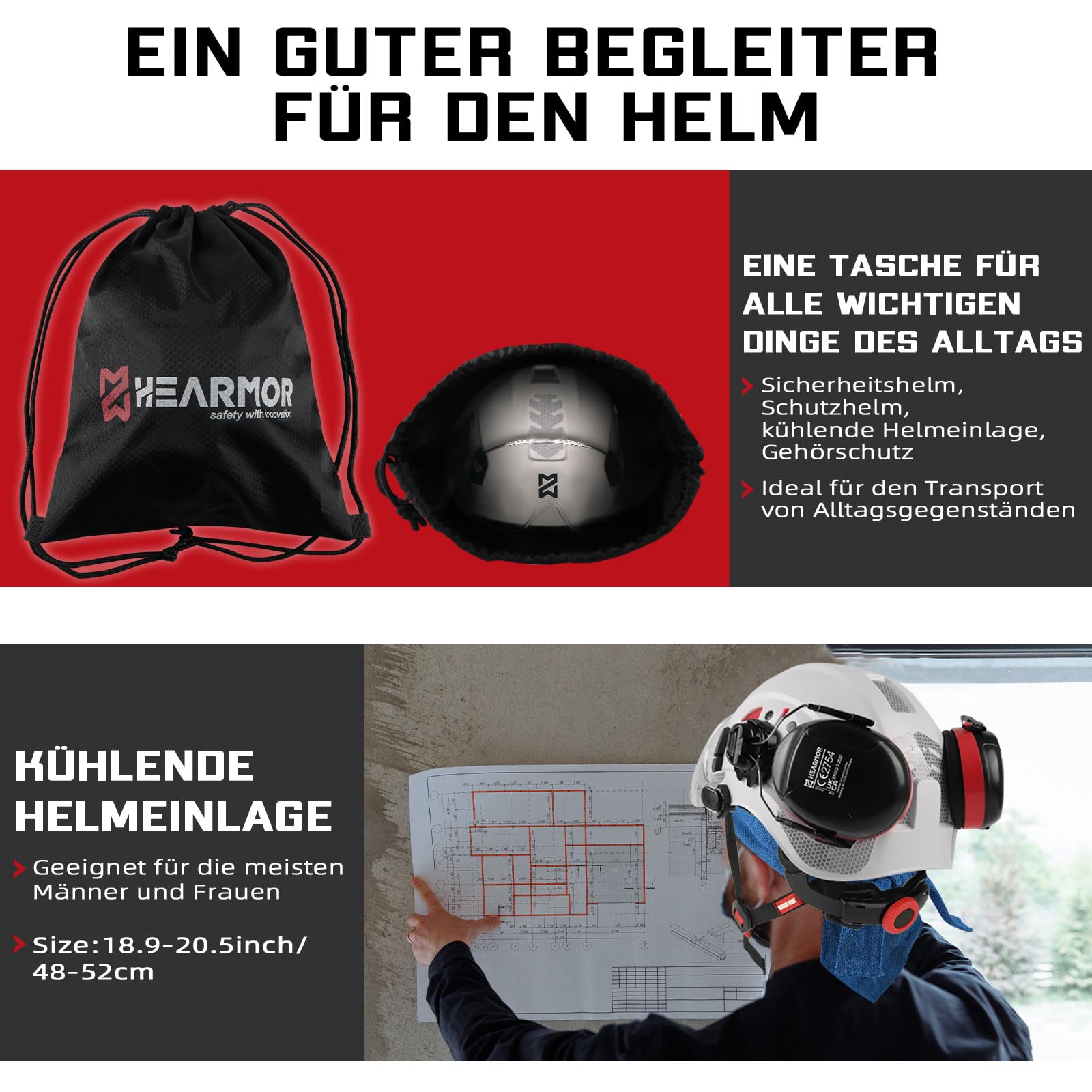 HEARMOR 3-in-1 Schutzhelm mit Gehörschutz und Visier, EN 397 zertifizierter Arbeitshelm für Forst-, BAU- und Kletterarbeiten, inklusive tragbarer Tasche und kühlender Helmeinlage
