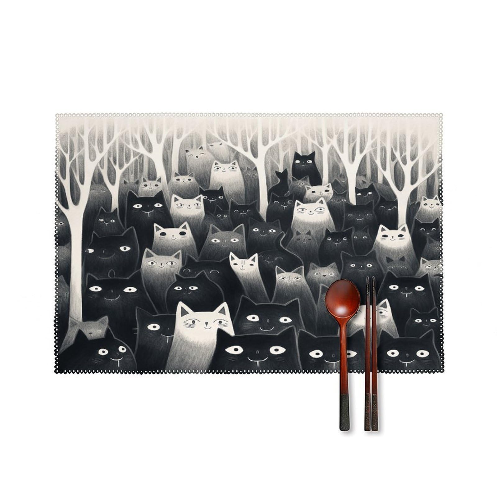 Btcowzrv Style A Group Of Black Cats Canvas Placemats Set Of 6, Wipeable Washable Place Mats For Indoor & Outdoor, Table Mat Decor For Kitchen Dining Party