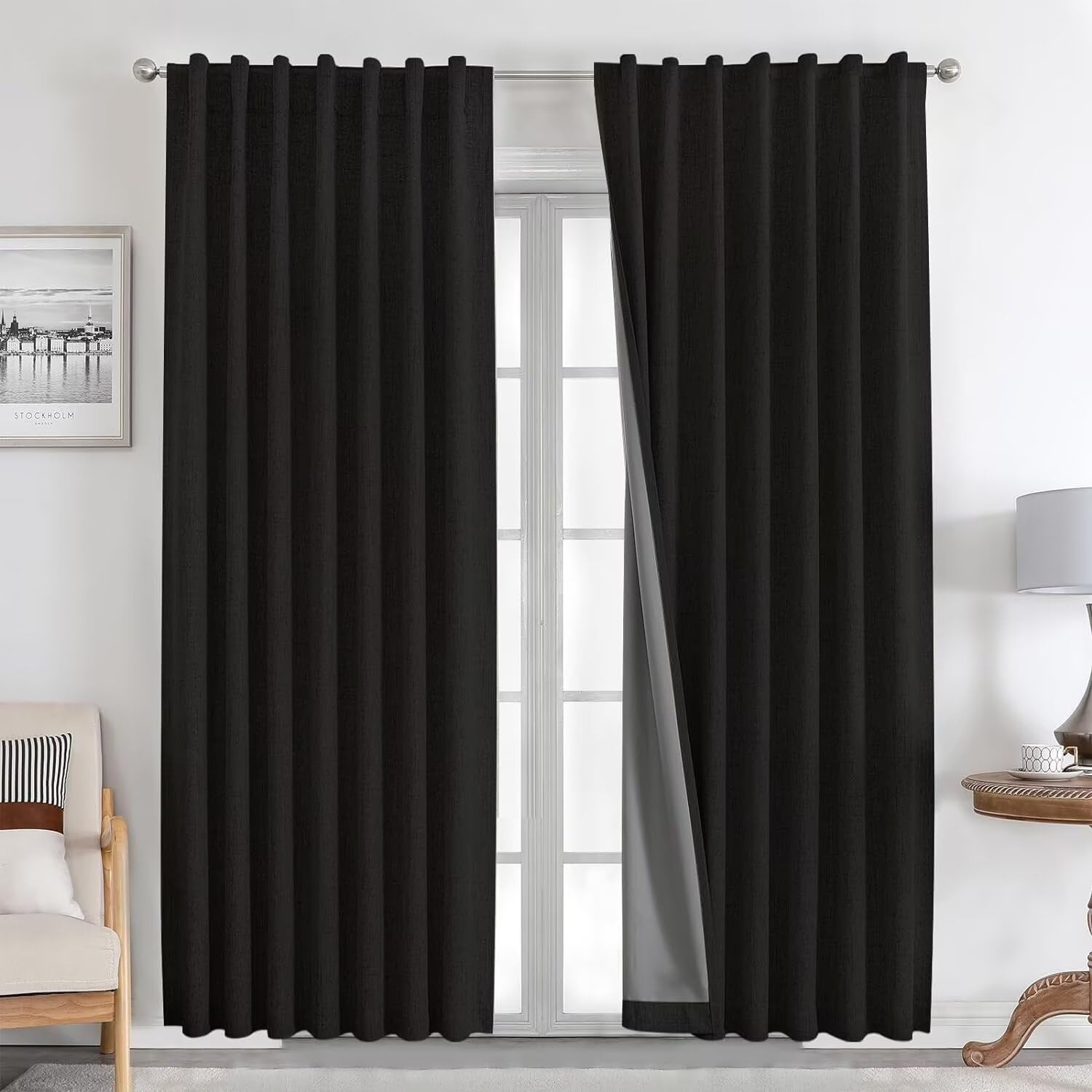 Joydeco Natural Linen Curtains 96 inch Length 2 Panels Set Burg 100% Blackout Patio Door Curtain Room Darkening Sliding Door Curtains Thermal