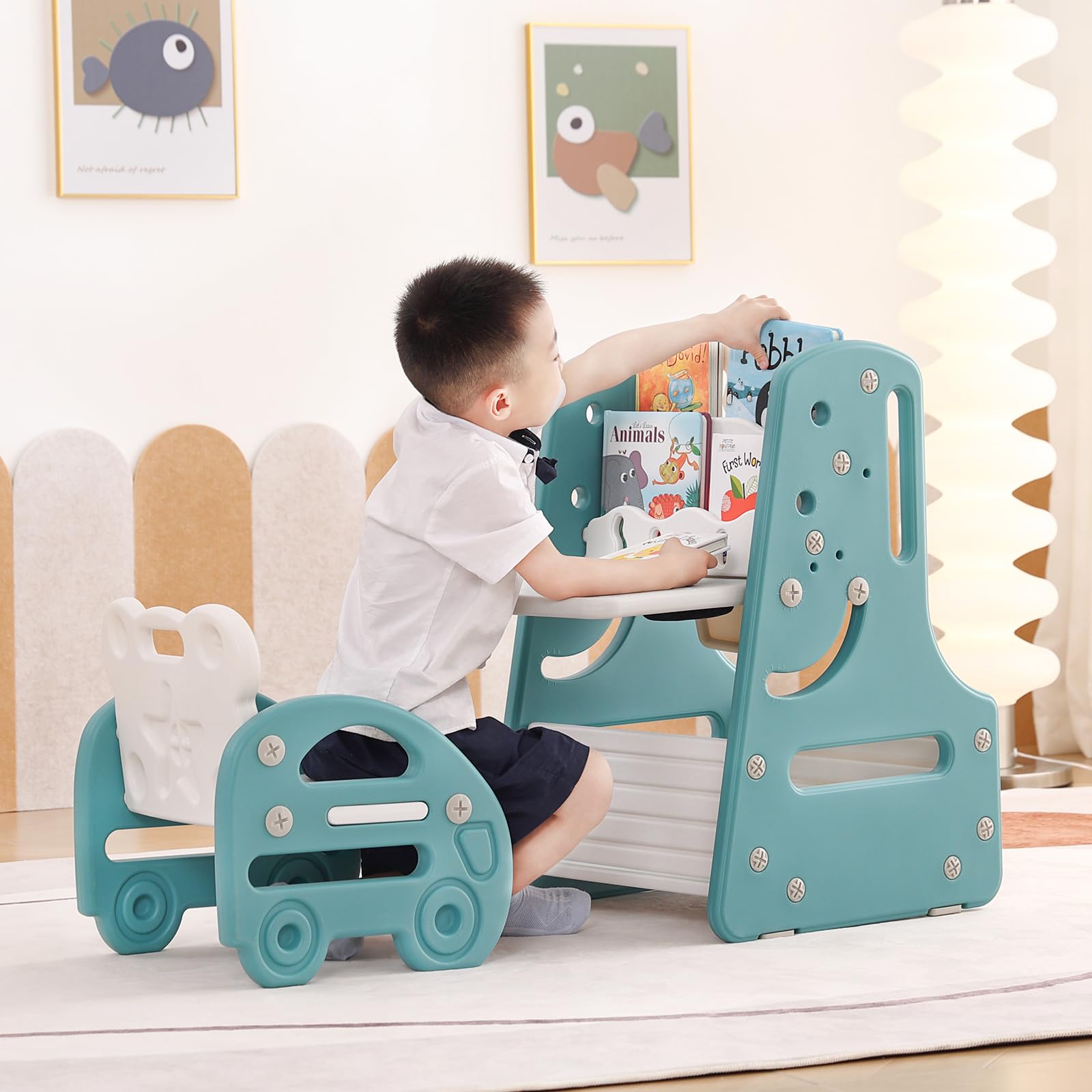 Juego de mesa y silla para niños, caballete de arte convertible 3 en 1 y estantería de exhibición con tablero de pintura magnético, estante de almacenamiento inferior, juego de mesa de 9