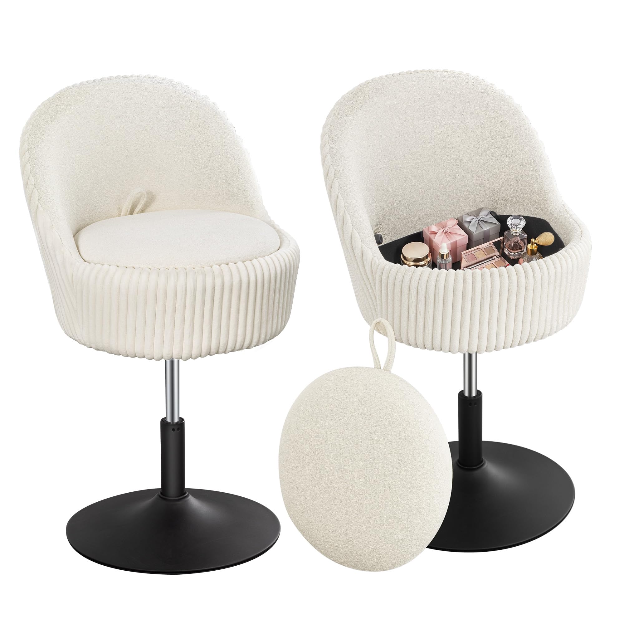 Hzuaneri Vanity Chair with with Hidden Storage, Height Adjustable Dressing Table Chair, 360° Swivel with Backrest, Corduroy Dressing Table Stool for Bedroom, Off‑White VS32803M
