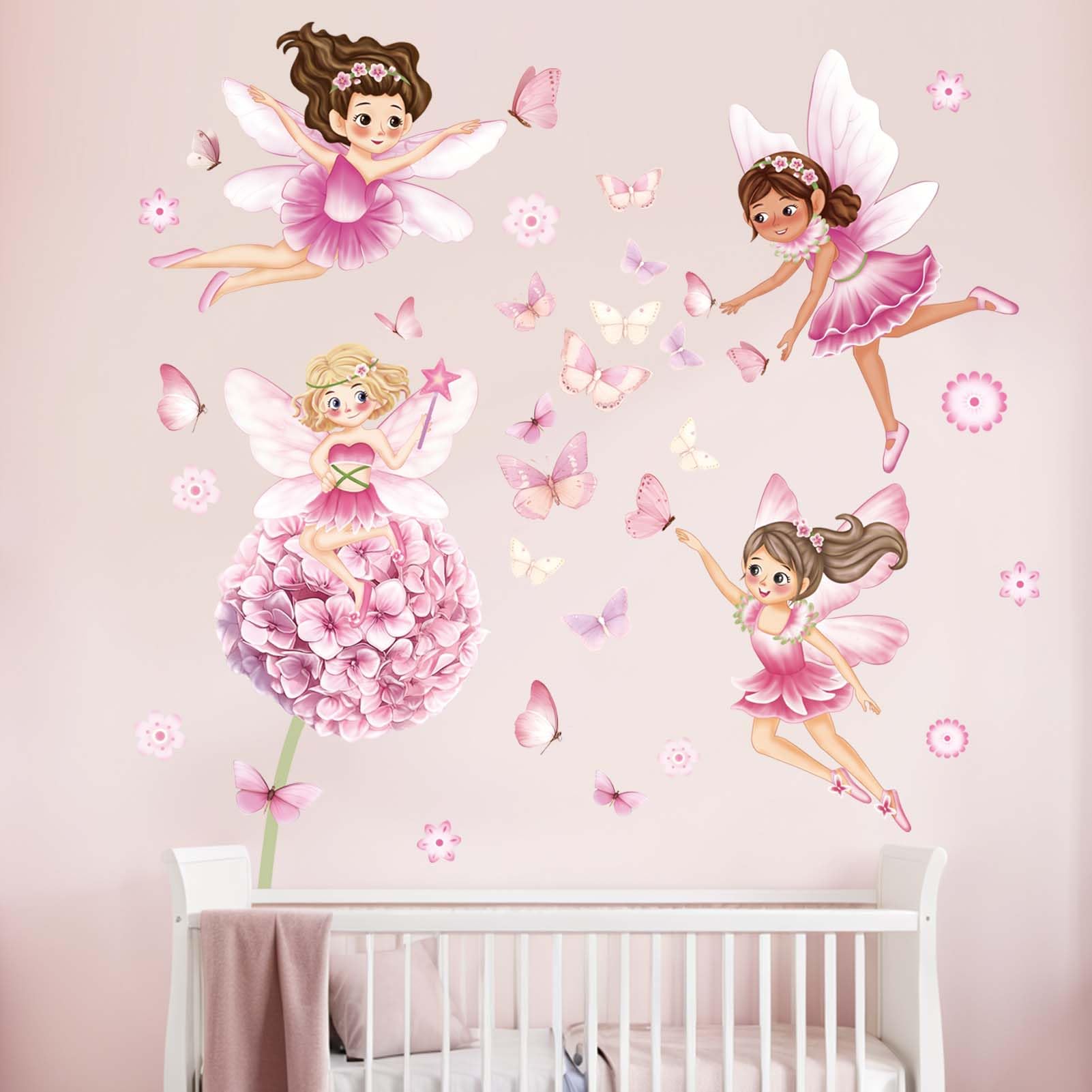 Fairy Flower Wall Stickers for Girls: Peel and Stick Pink Dandelion Floral Butterfly Wall Decals