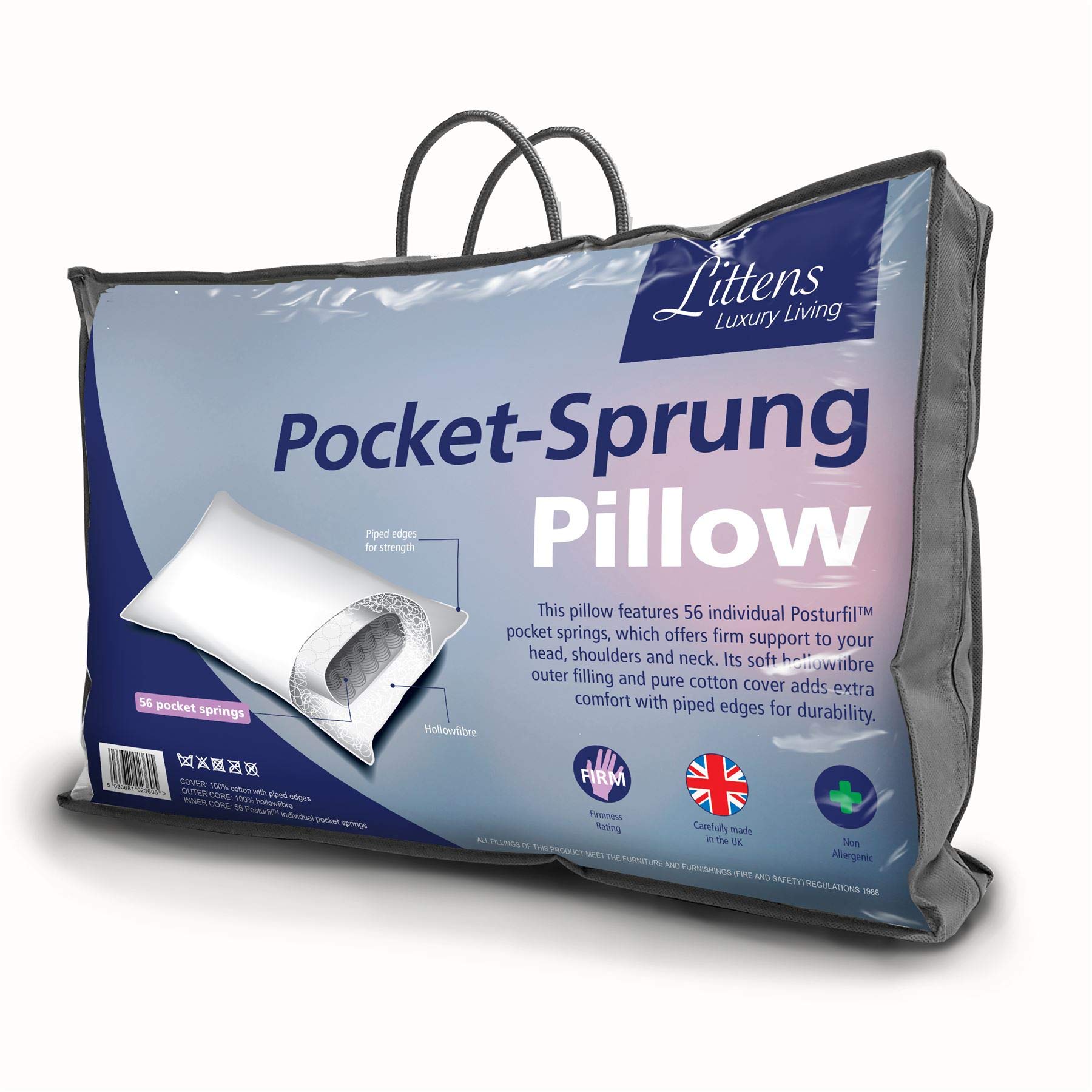 Littens Luxury 56 Pocket Sprung Spring Orthopaedic Firm Support Hollowfibre Pillow 230TC 100% Cotton Casing, Piped Edge UK Made