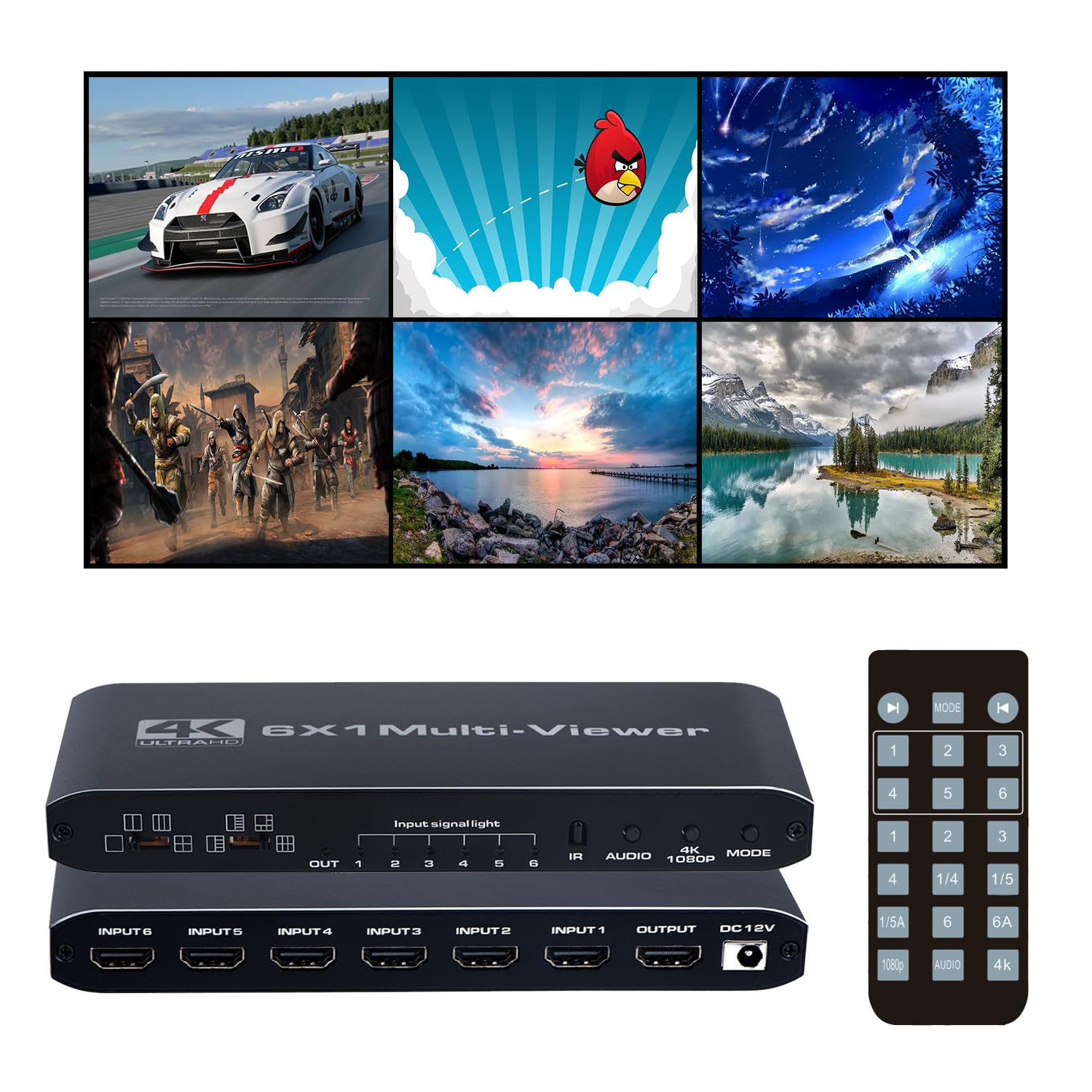 Przełącznik multiwizora HDMI 6x1, bezszwowy czteroosobowy przełącznik 6 w 1 z pilotem na podczerwień, kompatybilny z 4K Full HD i 9 trybami wyświetlania dla kamer bezpieczeństwa, konsol do gier
