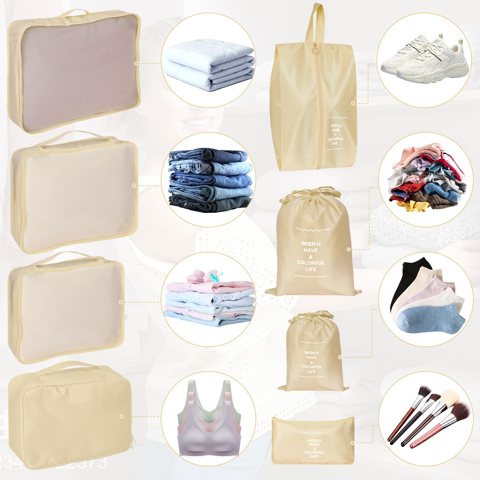Zorplex Set di Organizer per Valigia, 10 Pezzi, Packing Cubes Salvaspazio per Abbigliamento, Cosmetici, Scarpe e Accessori da Viaggio (Beige)