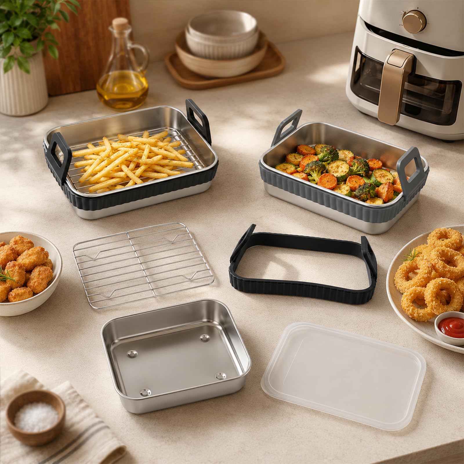 2 Plats Pour Air Fryer En Acier Inoxydable, Compatibles avec Heißluftfritteuse AF400EU/AF500EU/AF451EU/DZ400EU, Plat Four Avec Couvercle Et Poignées Amovibles, Accessoire pour Airfryer, Sans BPA