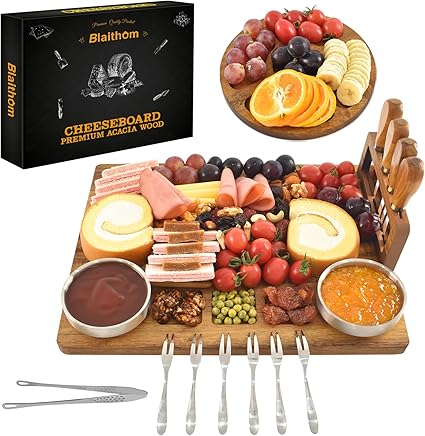 Charcuterie Boards Set, Acacia Wood Cheese Board Set for Serving, House Warming Gifts New Home, Wedding & Bridal Shower Gift, Birthday Gift for Women,Halloween