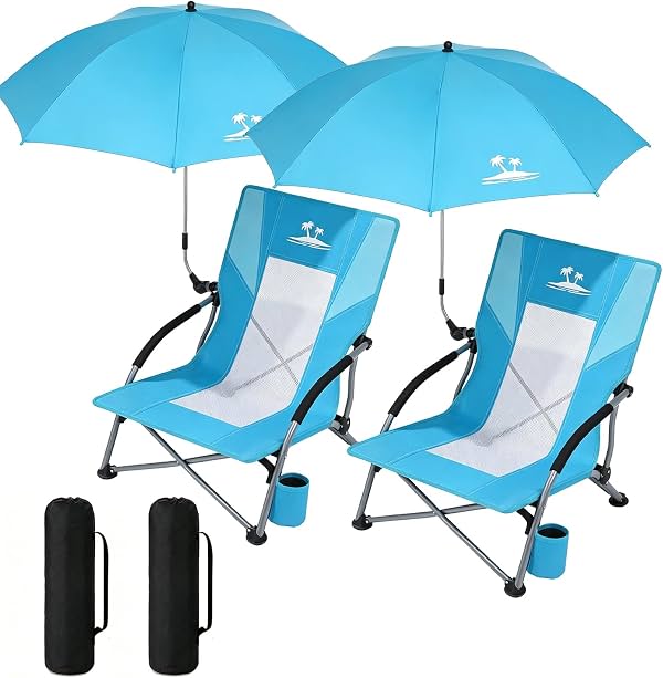 2 Piezas Silla de Playa Plegable con Sombrilla, Silla de Arena Portátil de Perfil Bajo para Adultos, Asiento de Playa de Malla Transpirable con Portavasos, Silla de Camping Resistente y Ligera, Azul Océano con Azul Claro
