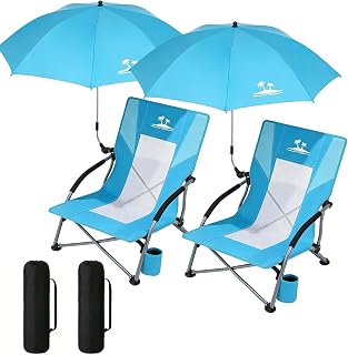 2PCS Folding Beach Chair with Umbrella, Low Profile Portable Sand Chair for Adults, Breathable Mesh Beach Seat with Cup Holder, Heavy Duty Lightweight Camping Chair, Ocean Blue with Light Blue