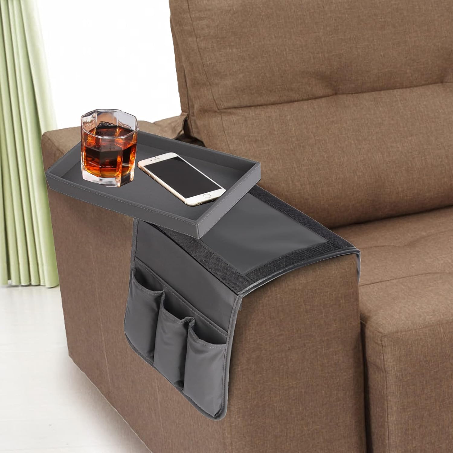 Couch Caddy, Armchair caddy with Detachable Tray, Non-Slip PU Leather Remote Control Holder for Recliner with 5 Pockets (Light Grey)
