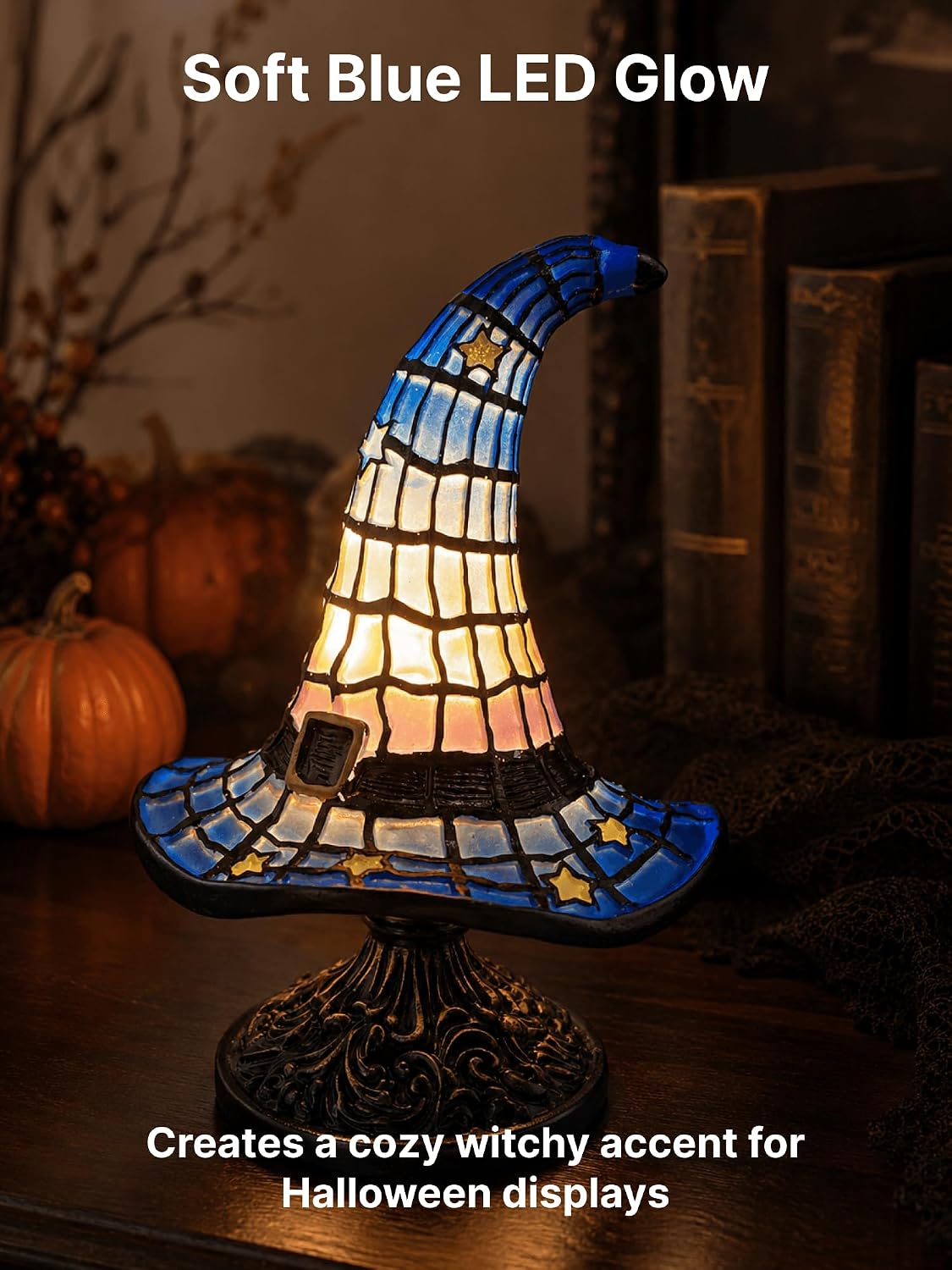 Blue Witch Hat Lamp, 6.9 in Resin Halloween Night Light for Shelf Decor image 4