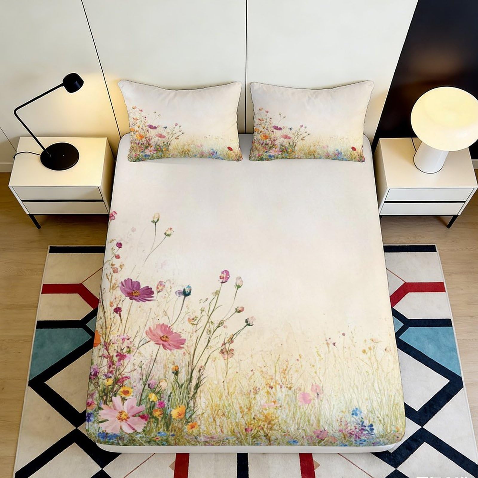 3D Printed Wildflower Meadow Fitted Sheet Microfiber Soft Pastel Floral Bed Cover for Bedroom Guest Room 90x200x25cm