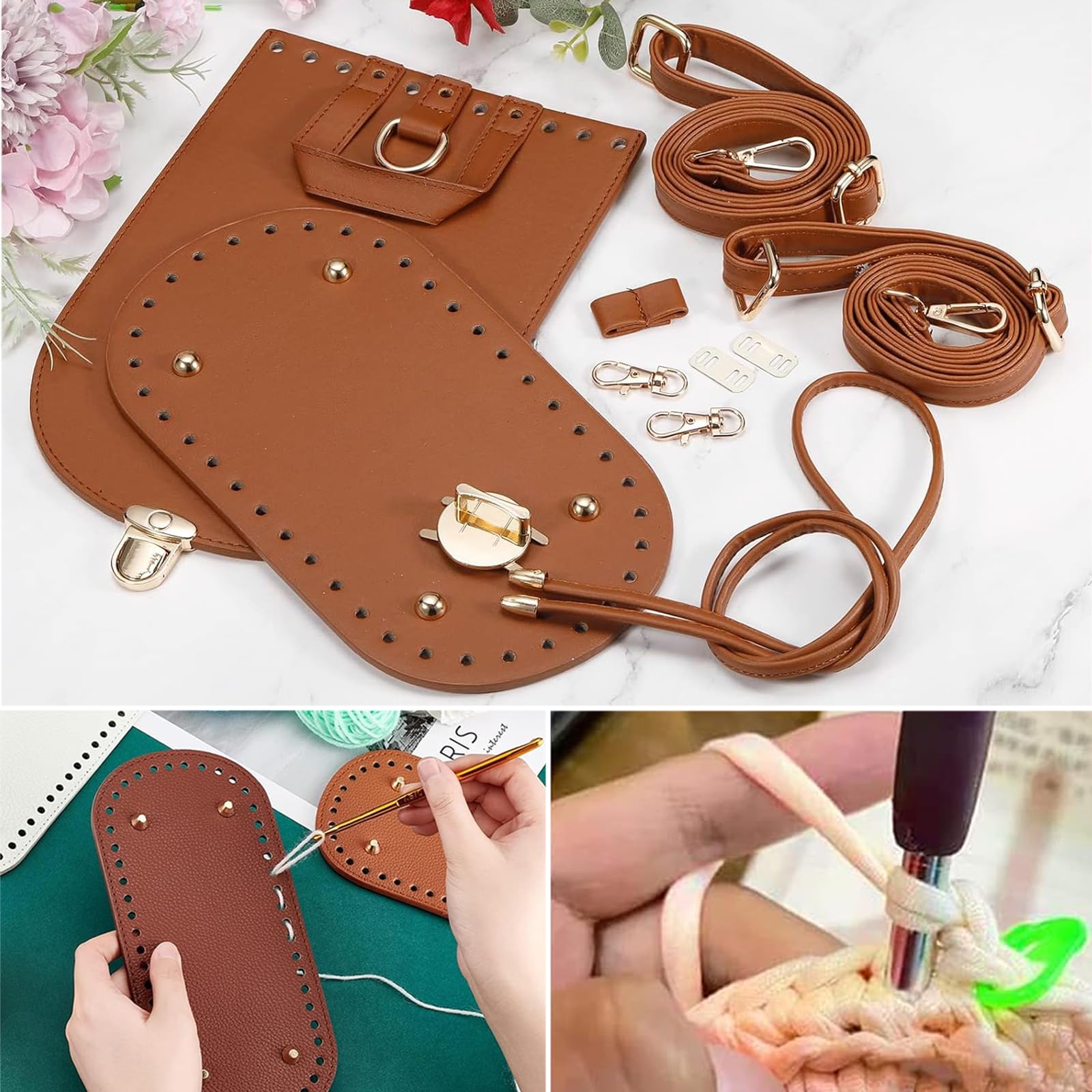 4 Fondi Per Borsa In Pelle PU 30x10 Cm – Con Fori, Per Uncinetto E Cucito, Colori: Oro, Marrone, Crema, Nero - 3