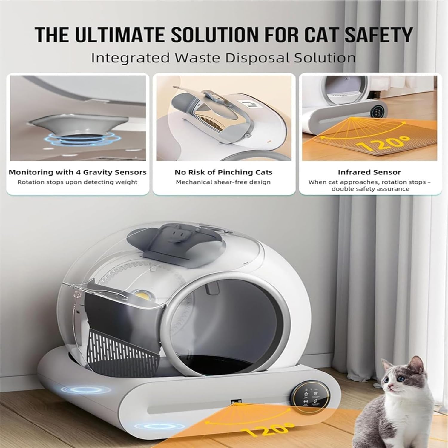 Arenero Autolimpiable para Gatos Caja De Arena For Gatos Autolimpiable De 65 L, Inodoro Automático Con Sensor Dual, Eliminador De Olores, Control Por Aplicación Y Monitor De Salud, Incluye Bolsas De B