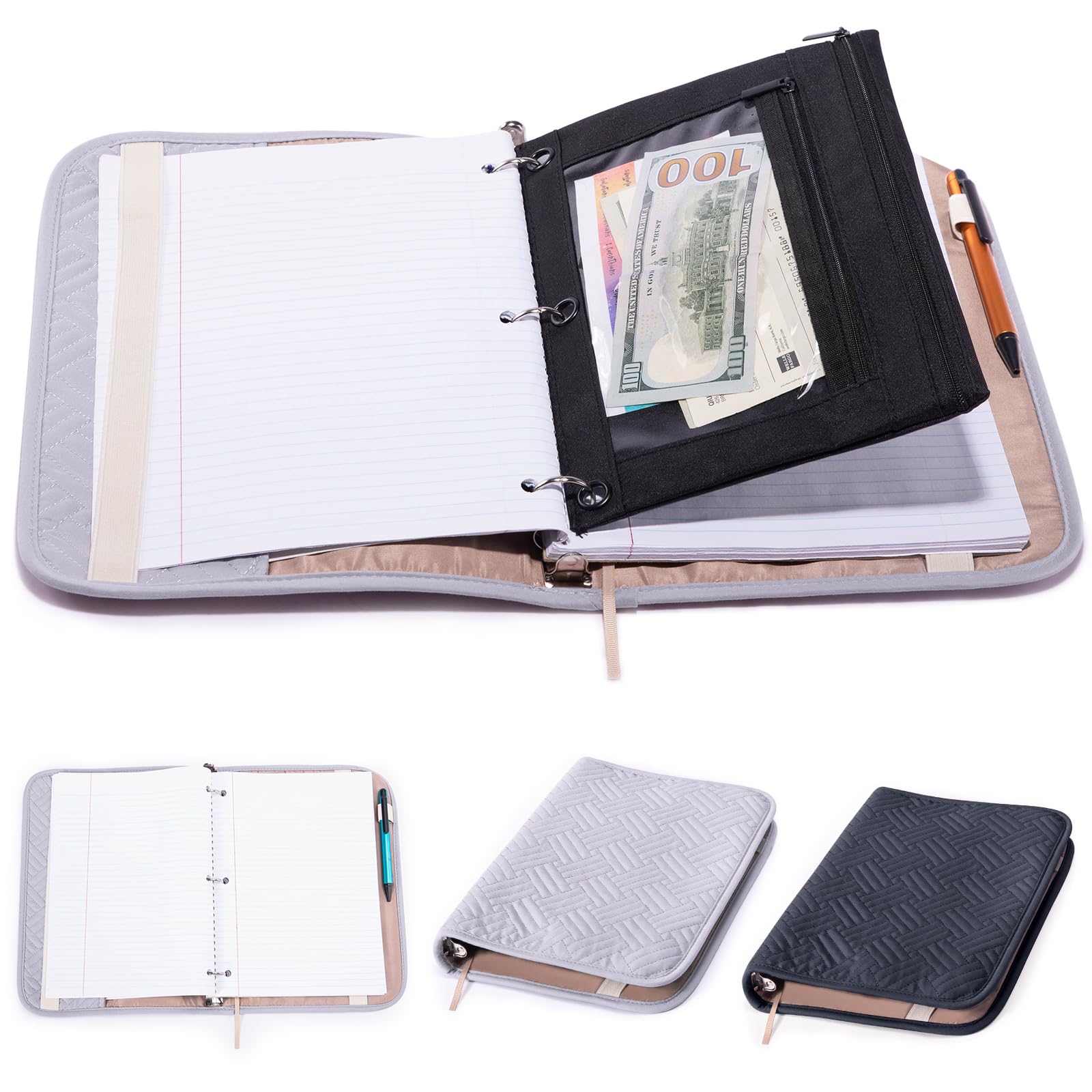 APLUFINE Reusable Loose Leaf Paper Cover with Pencil Pouch - 3-Ring Binder for Notebook Paper - Fabric Binder Dust Jacket for College Rules Paper -Loose Leaf Paper for Work -Back to School Suppliers