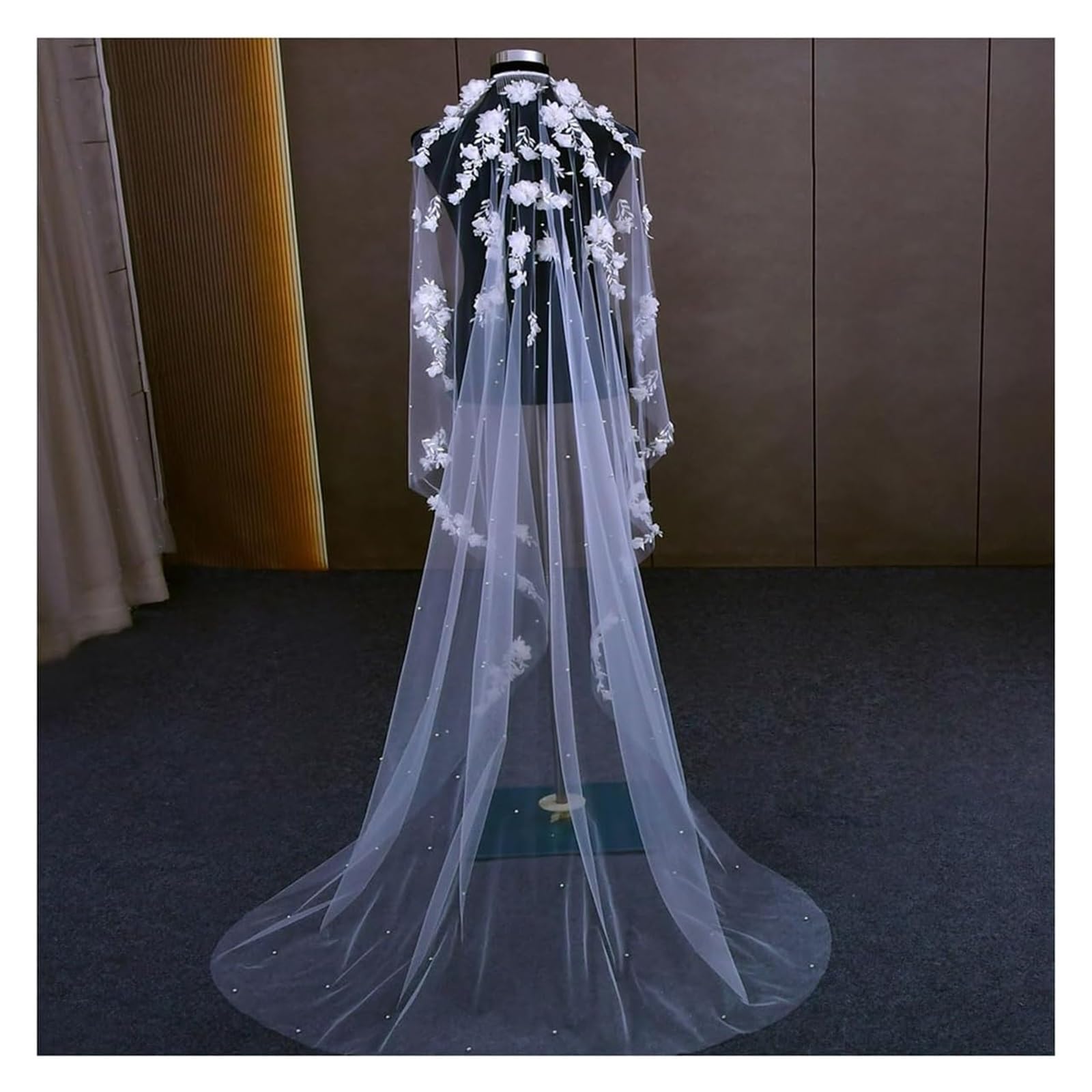 Koronkowy welon, suknia ślubna panny młodej, welon Welon ślubny 3D Flowers z perłami Welony ślubne Luksusowy welon ślubny Długi stylowy grzebień do włosów dla panny młodej(200cm)