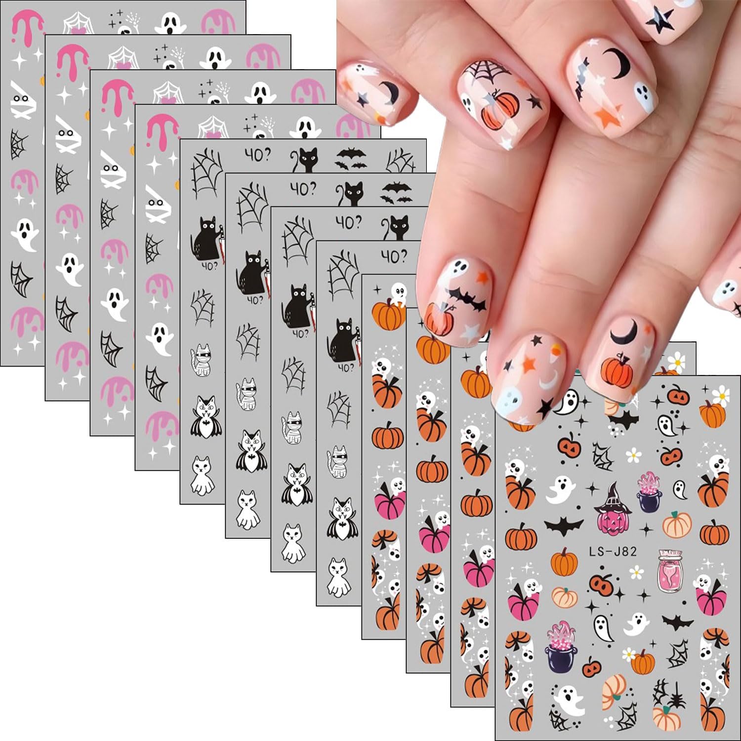 12 Sheets Halloween Nail Stickers Pumpkin Nail Decals 3D Self-Adhesive Ghost Spider Web Design Manicure Supplies Bat Cat Nail Art Sticker for Women Girls Holiday DIY Nail Decorations
