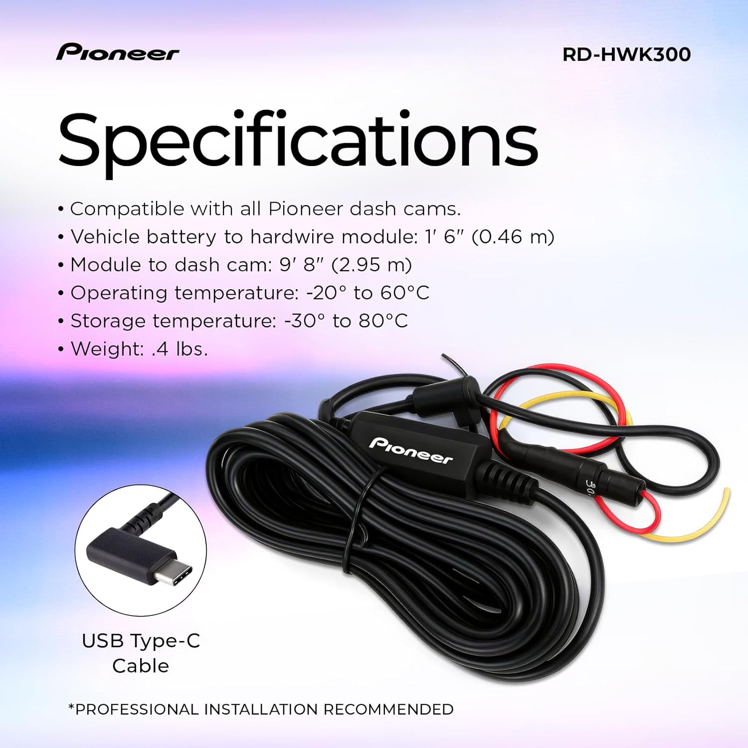 Pioneer RD-HWK300 USB-C Hardwire Kit for Compatible Dash Cams – 12-24V to 5V with Low Voltage Protection, Fuse Safety, Parking Mode Support for Continuous Recording