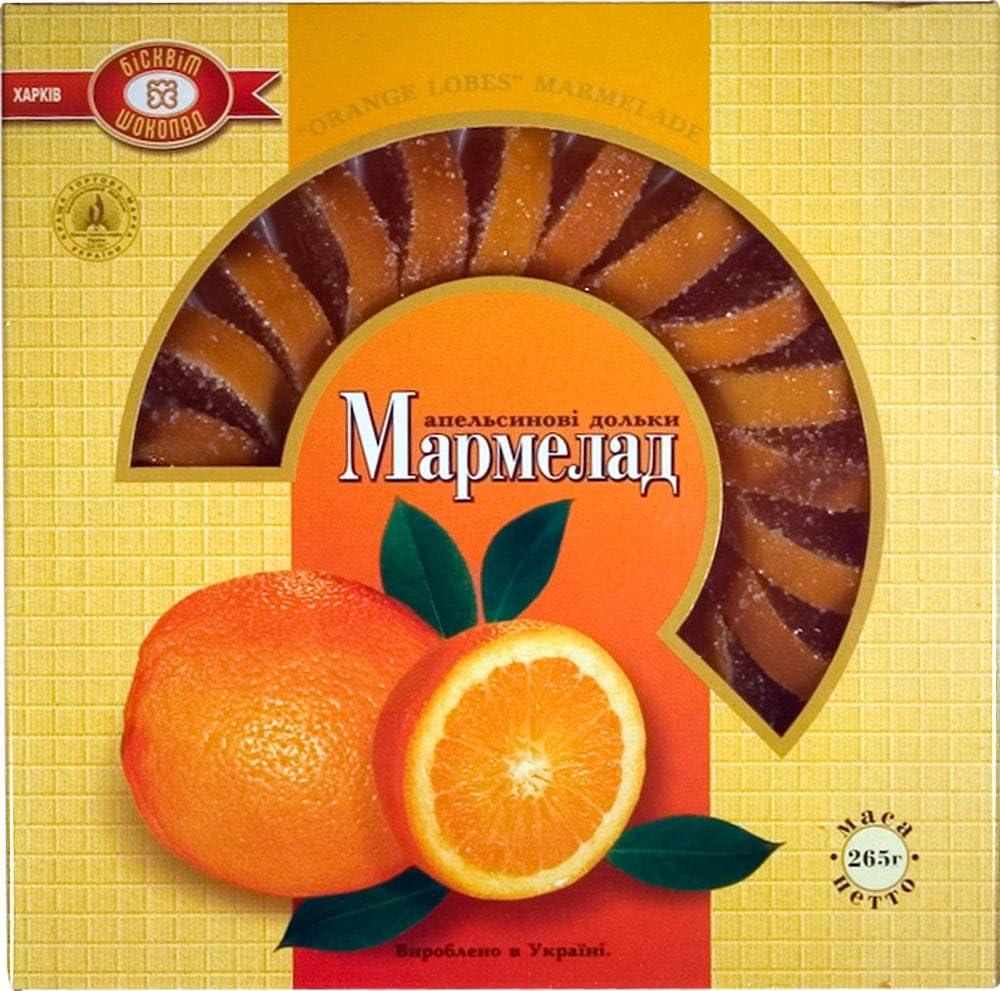 "ORANGE SHARES" (Marmelade) "UKRAINE", Packaged on Plastic Tray in Cardboard Carton, 265g. "Biskvit Shokolad"