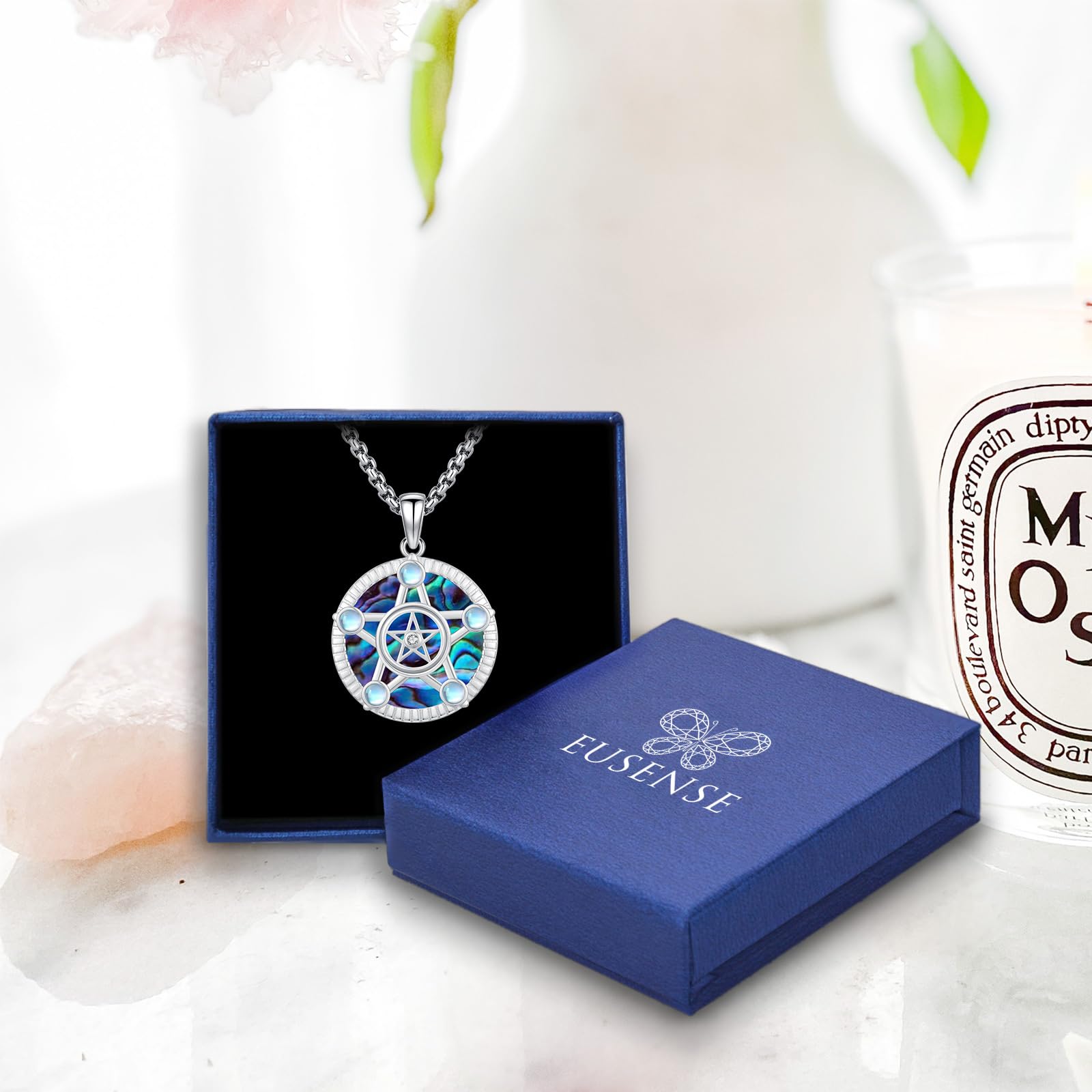 Eusense Pentagram Collar Triple Luna Diosa Collar de Plata de Ley 925 Hécate Colgante Sol y la Luna Colgante Joyería Regalos Espiritual Amuleto Pagano Talismán para Hombres Mujeres