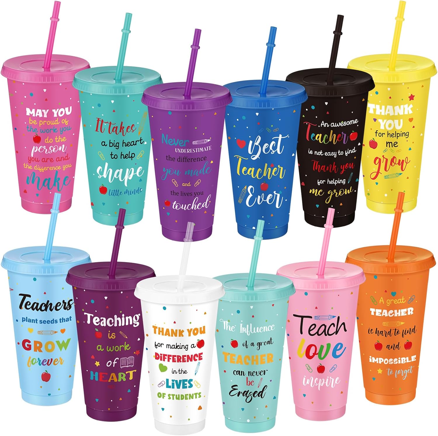 Vesici 24 Pcs Teacher Appreciation Gift 24 oz Tumbler with Straw and Lid Reusable Plastic Cups Coffee Water Bottle Cold Drink Travel Mug Reusable Cups for End of Year Graduation Birthday