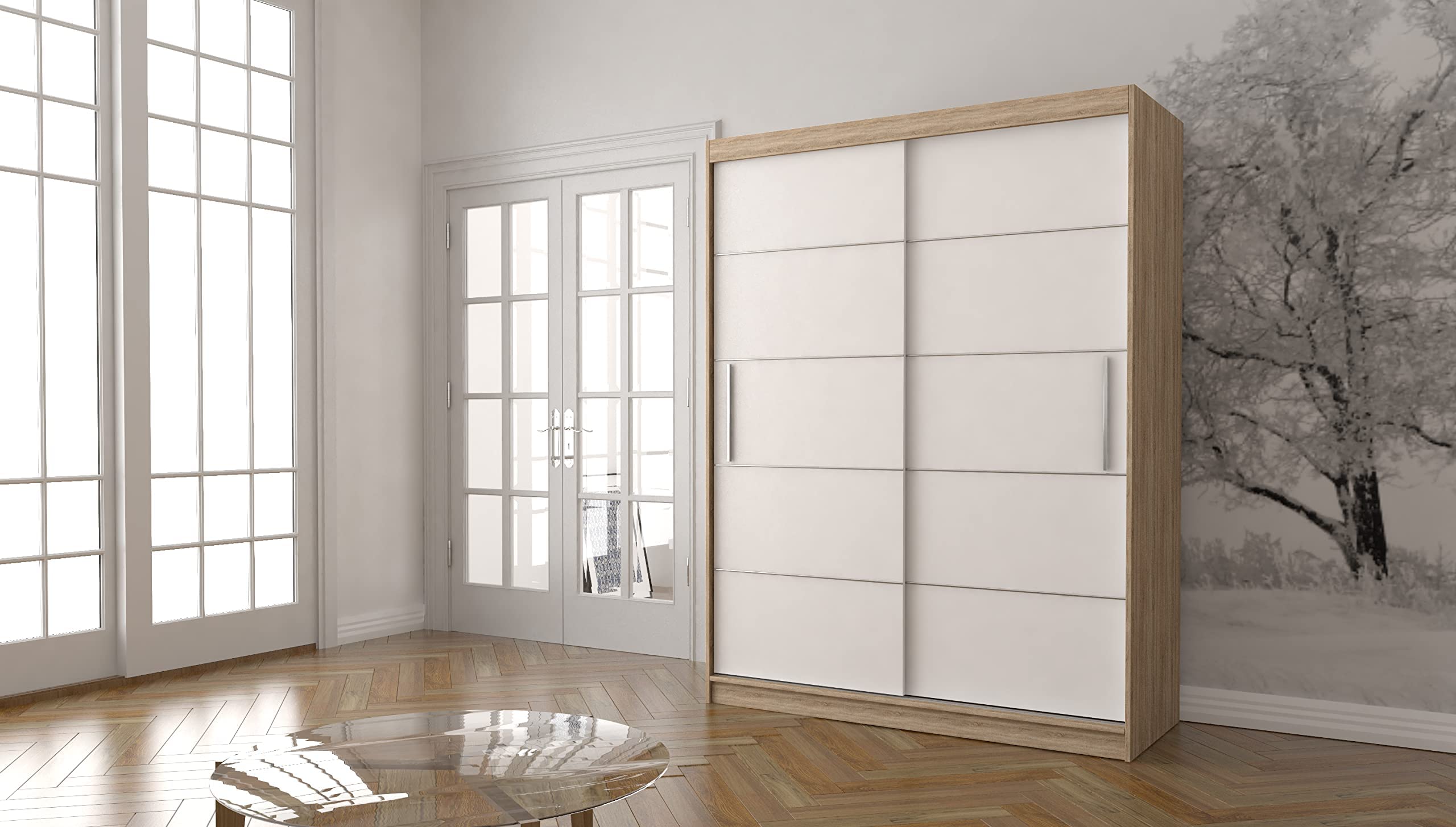 Armoire à Portes Coulissantes Armoire Avec 2 Portes Coulissantes Armoire Armoire De Chambre Tringle A Vetements Avec Etageres Armoire Elegante Style Glamour 200x208x62 Cm Caps T Avec Tiroirs