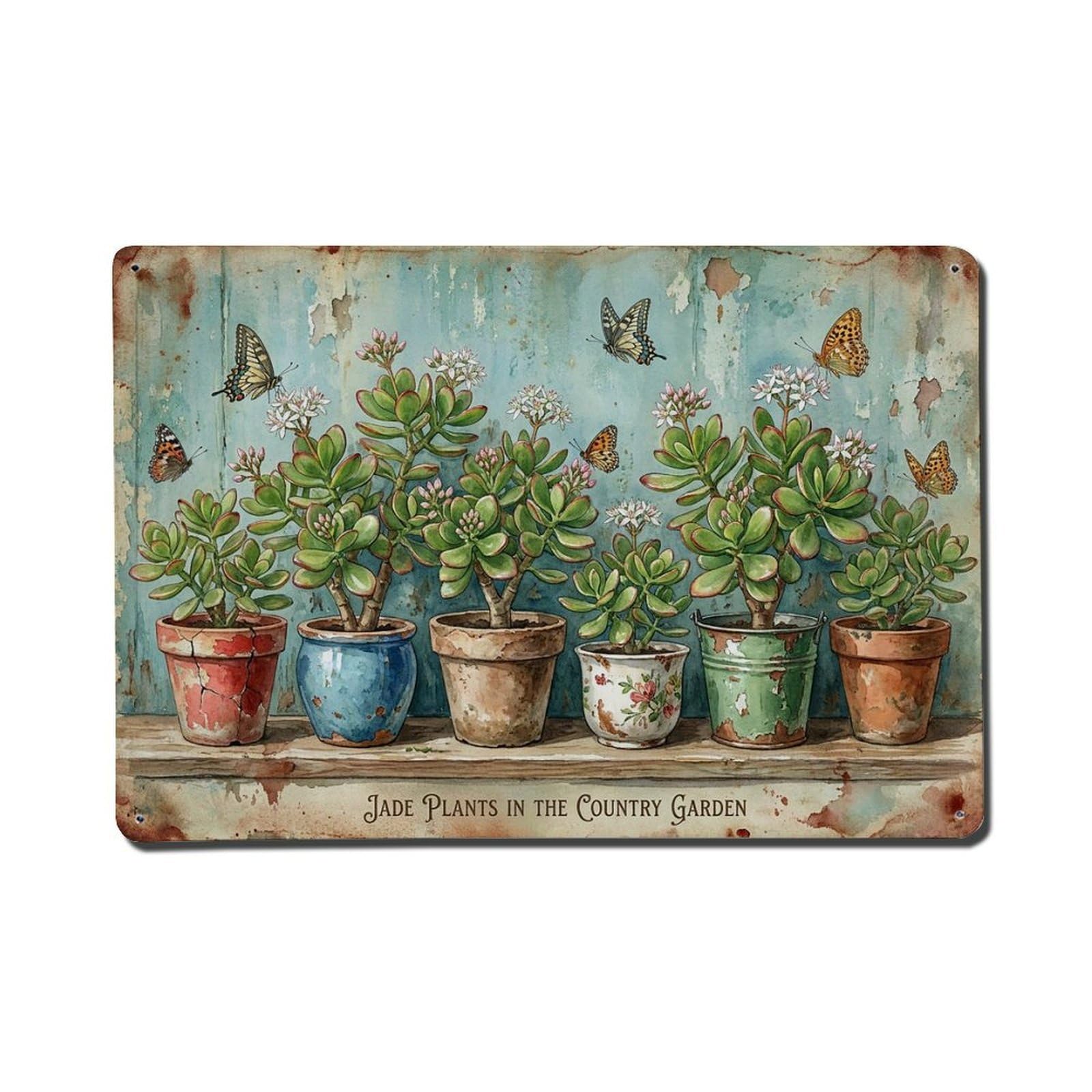 Vintage Rustic Flower Potted Plants Jade Plant Metal Tin Sign