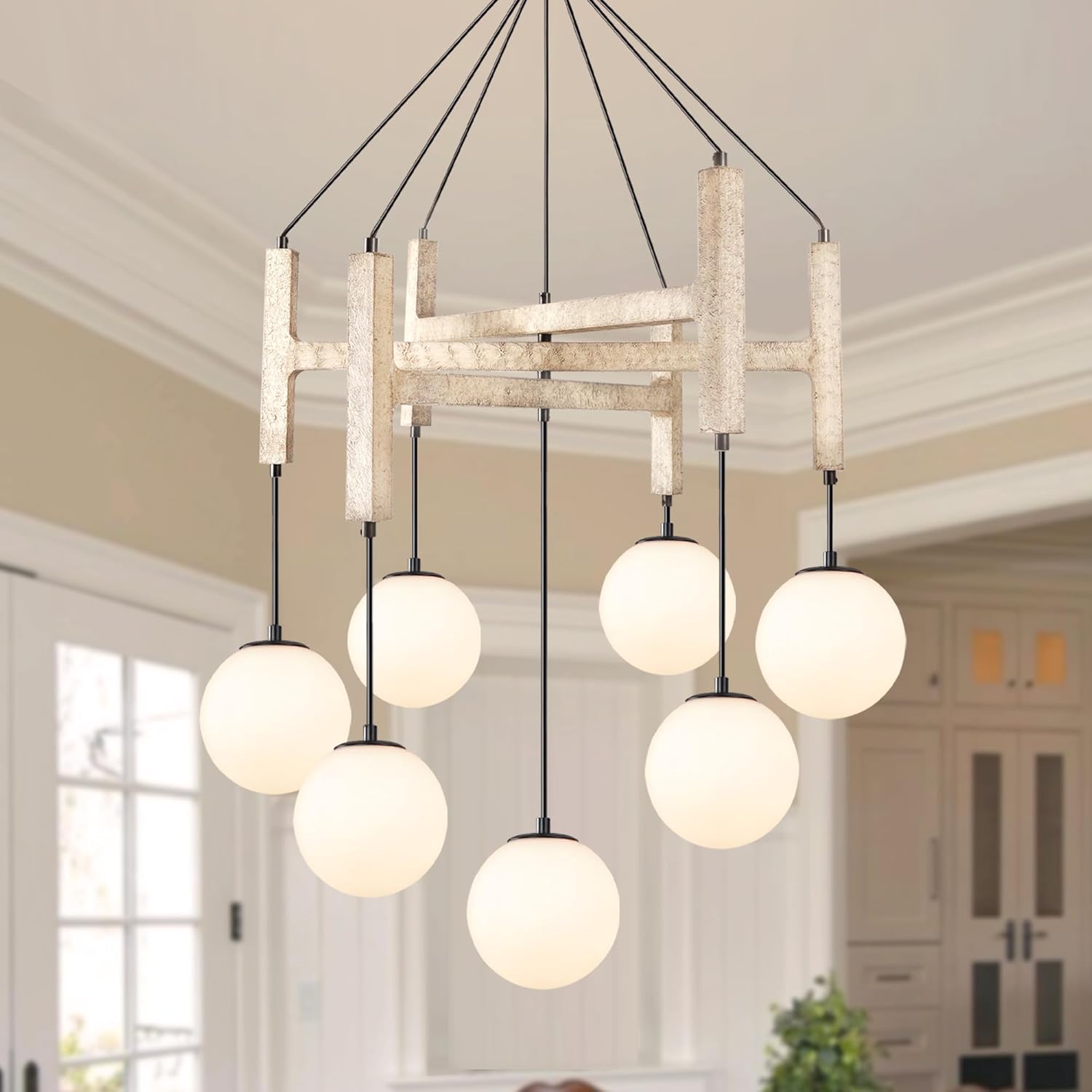 Wood Chandelier 26" Farmhouse Hanging Pendant Lighting Dining Room Light Fixture with White Glass Globe Chandelier, 7-Light Mid Century Rustic Design Hanging Fixture for Living Room Foyer Kitchen
