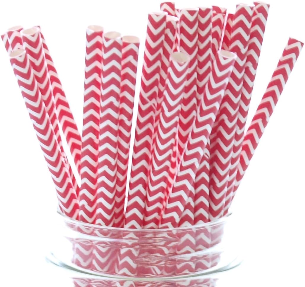 Red Chevron Paper Drinking Straws | 25 Pack | Valentines Day Party Straws | Premium Paper Straws | Party Supplies and Decor