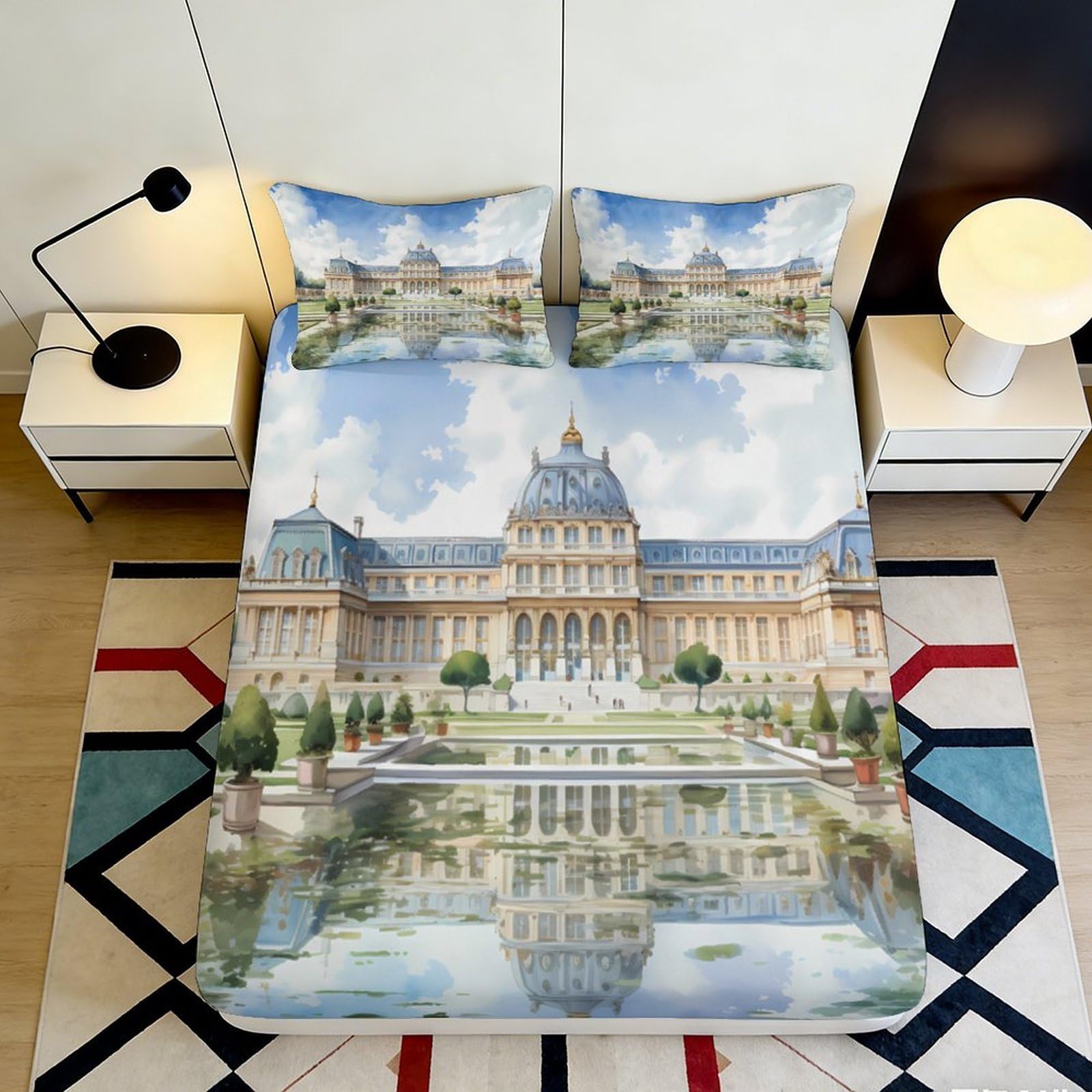 3D Printed Palace Architecture Fitted Sheet Microfiber Soft Breathable Garden Reflection Mattress Cover Bedroom Decor 90x200x25cm