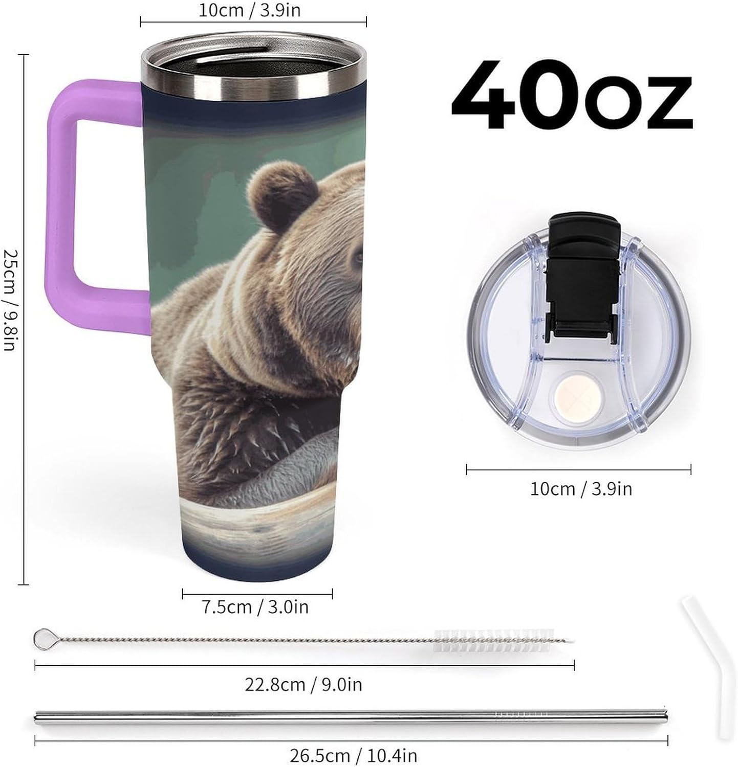 40 Oz Insulated Mug with Handle, Stainless Steel Grizzly Bear Printed Travel Mug Portable Leak-proof Large Car Mug for Home, Office Or Car