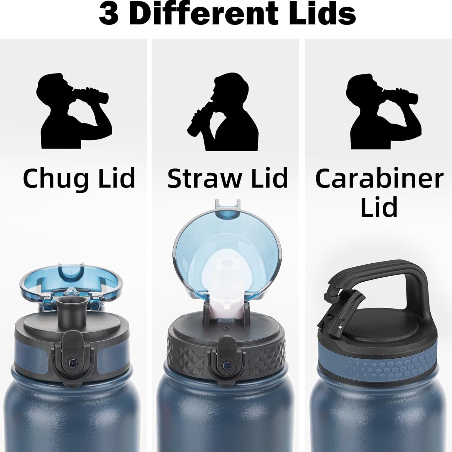 Oldley Insulated Water Bottle 20oz Water Bottles with Straw, Stainless Steel Water Bottle with 3 Lids, Double Wall Vacuum Bottels for Adults Kids,Leak-Proof Sport Bottles for School Travel, Navy Blue - Image 2