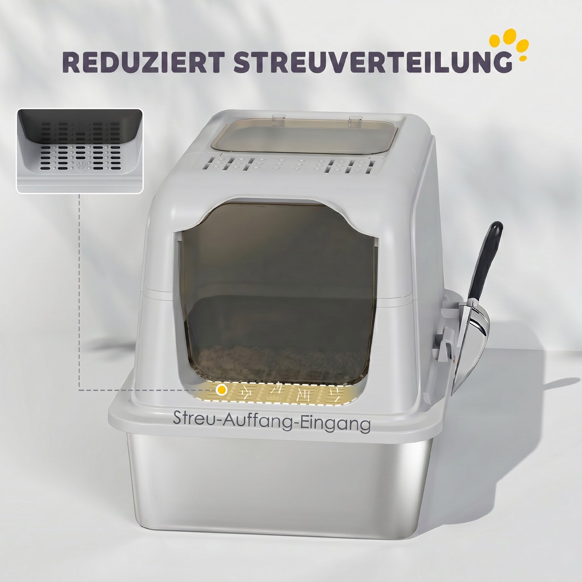 PawHut Katzenklo mit Deckel für Katzen bis 8 kg 60,4x40,4x41,8 cm Hellgrau | Edelstahl, Katzentoilette mit Haube, Schaufel, Deodorierungsbeutel, Doppelgänge Katzentoilette