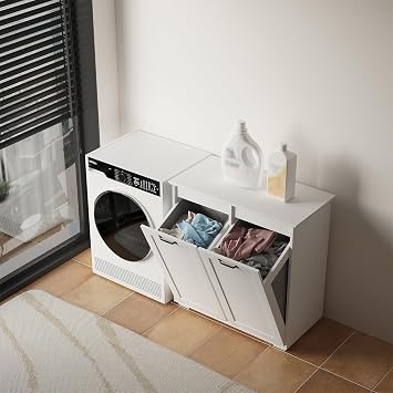JOYSOURCE Double Tilt Out Laundry Hamper Cabinet, Hidden Trash Can Cabinet with Basket Garbage Can Bin Cabinets with 12 * 2 Gallon Laundry Storage Basket for Bathroom, Kitchen, White