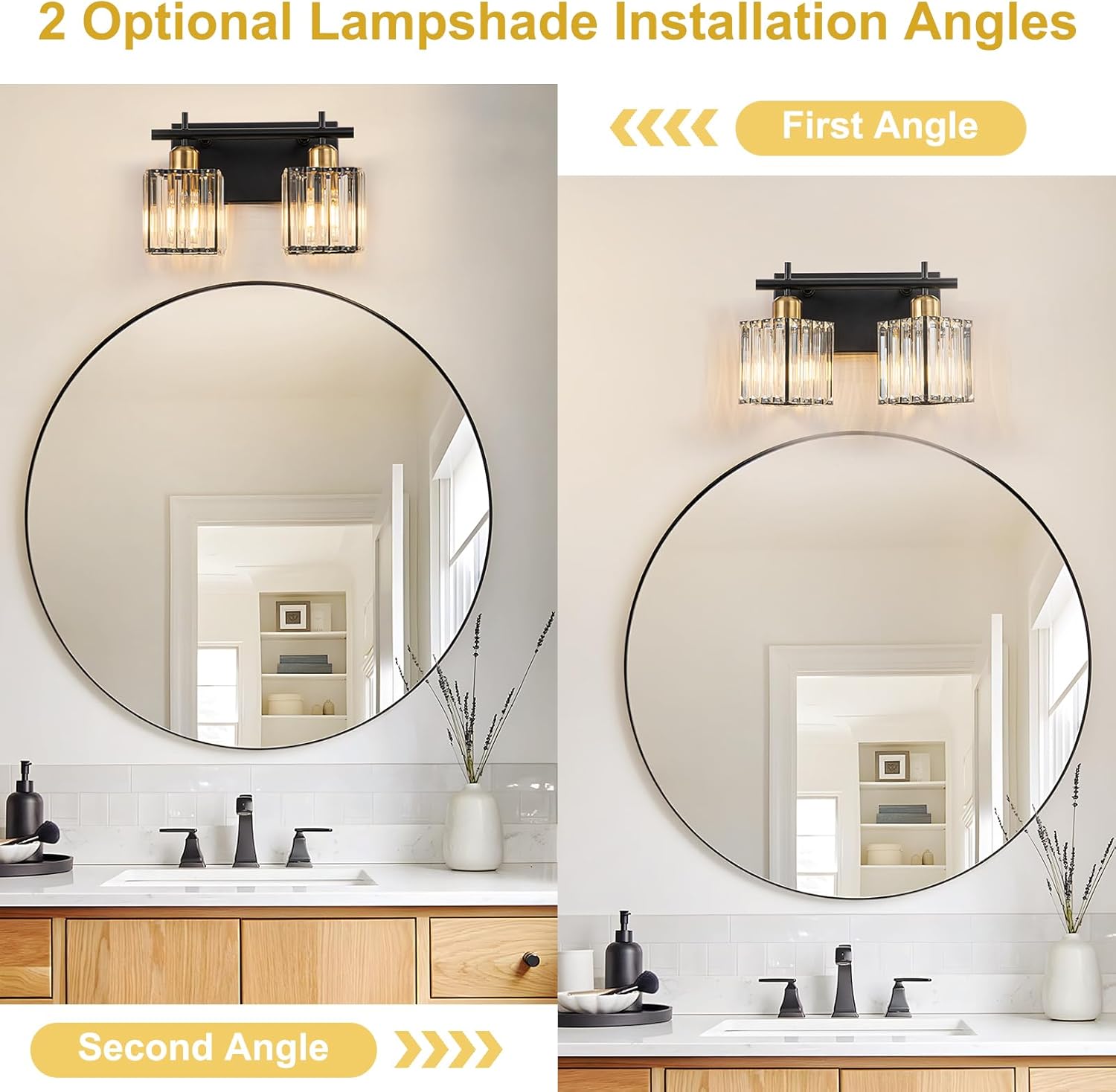 Modern Crystal Bathroom Vanity Light Fixture,Matte Black and Gold Crystal Bathroom Lighting Fixtures Over Mirror,2-Light Vanity Lights Vintage Wall Light Fixtures