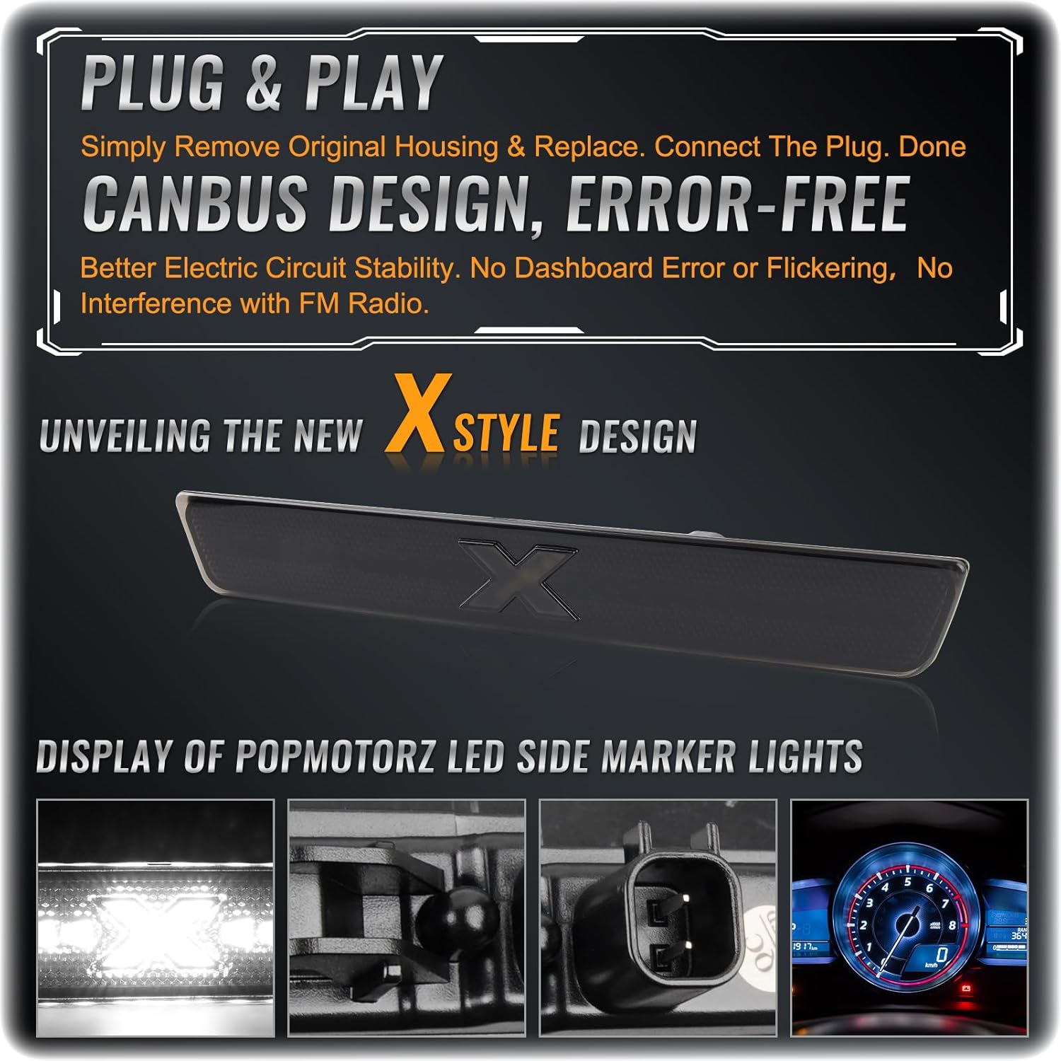 POPMOTORZ White LED Side Marker Light Assembly For 2015 2016 2017 2018 2019 2020 2021 2022 2023 Dodge Challenger Front Rear Fender Bumper LED Side Marker Lamps [PATENT PENDING] X-Smoked Lens 4PCS