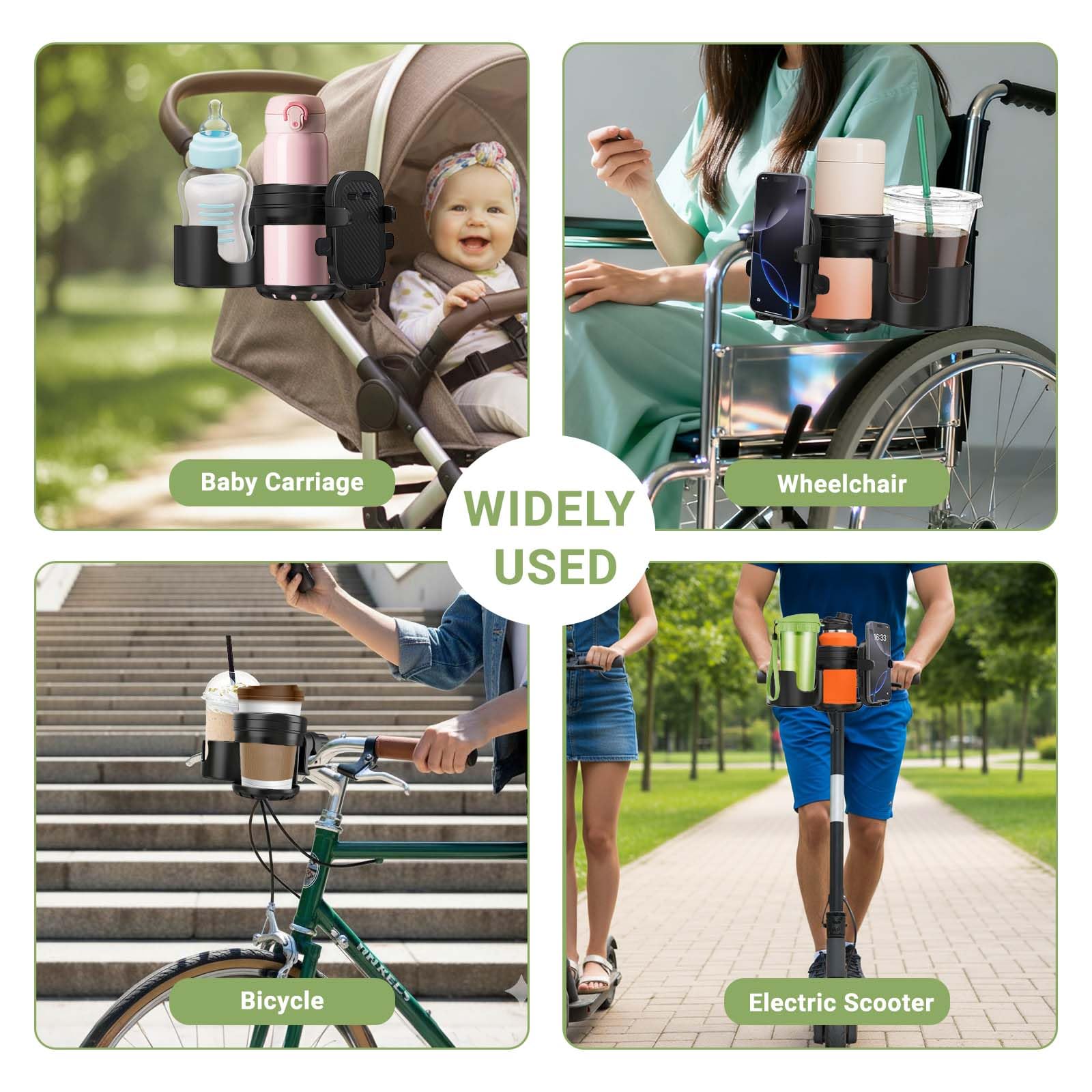 ZealSound Porte-gobelets 3-en-1 pour Poussette avec Support téléphone 360° réglable, Porte-gobelets Simple ou Double, Compatible poussettes, fauteuils roulants, vélos et Chariots