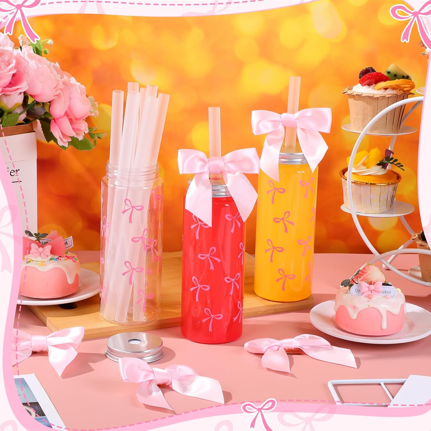 Skylety 24 Pcs 14oz Pink Bow Plastic Bottle with Straw Lid and Twist Bow Disposable Coquette Bottles Cute Inspired Retro Reusable Bottles for Women Birthday Party Friend Drinkware