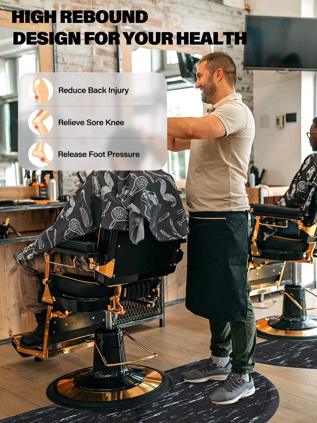 TOROKOM Salonmatte, 3 Fuß x 5 Fuß Anti Ermüdungs Salon Bodenmatte für Runde Stuhlbasis Friseur Schönheits Fußmatten Dicke Halbkreis Büro Komfort Bodenmatte für Salon und Friseurbedarf (Black Marble)