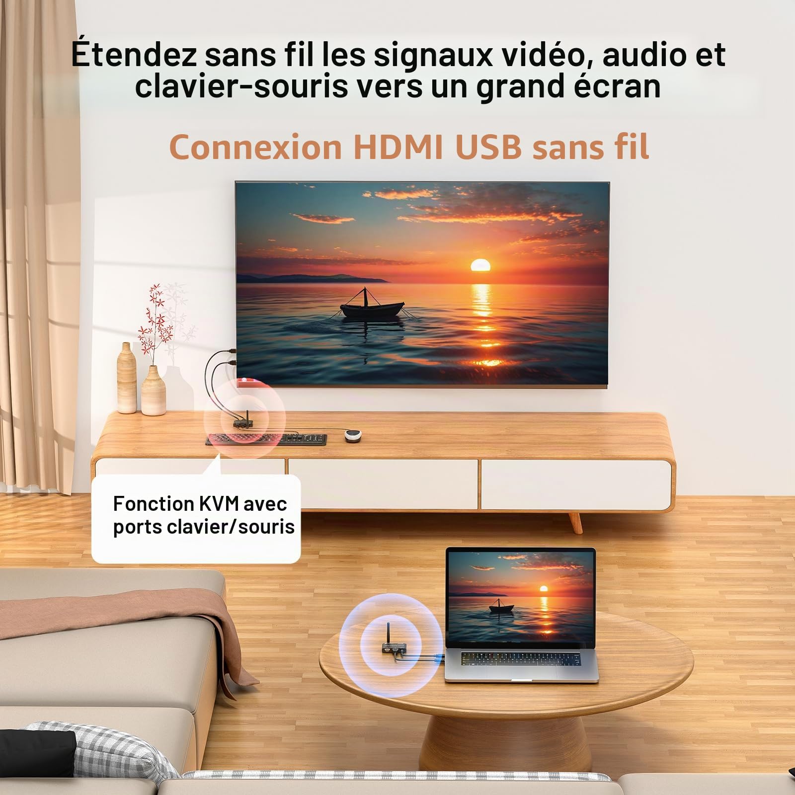 YOUTINGHDADV Émetteur et récepteur KVM HDMI sans fil 200m, HDMI USB KVM extender 1PC 2 moniteurs, souris et clavier divisés, sortie en boucle, 1080P @ 60Hz, 2 câbles USB