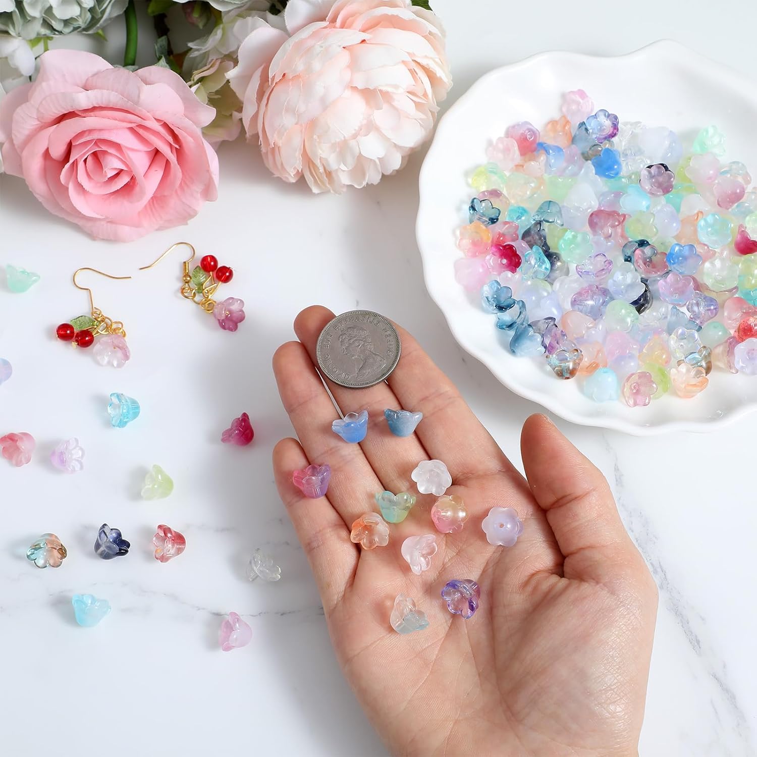 150PCS Glass Flower Beads, Mixed Color Glass Bellflower Beads, Trumpet Flower Bead, Gradient Clear Cute Bead for Bracelet, Necklace, Earring, Jewelry Making and DIY Craft - Image 6