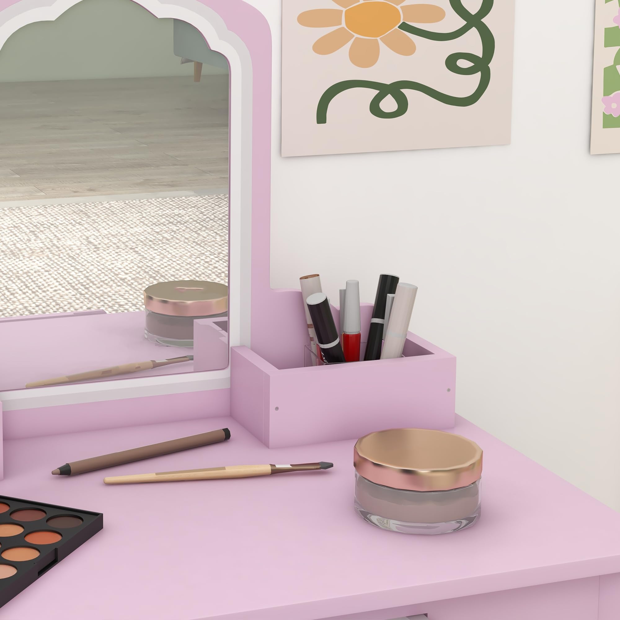 ZONEKIZ Tocador Infantil para Niñas y Niños de +3 Años Mesa de Maquillaje con Taburete y Espejo Tocador para Niñas con Cajón y Cajas de Almacenaje Forma de Nube Rosa