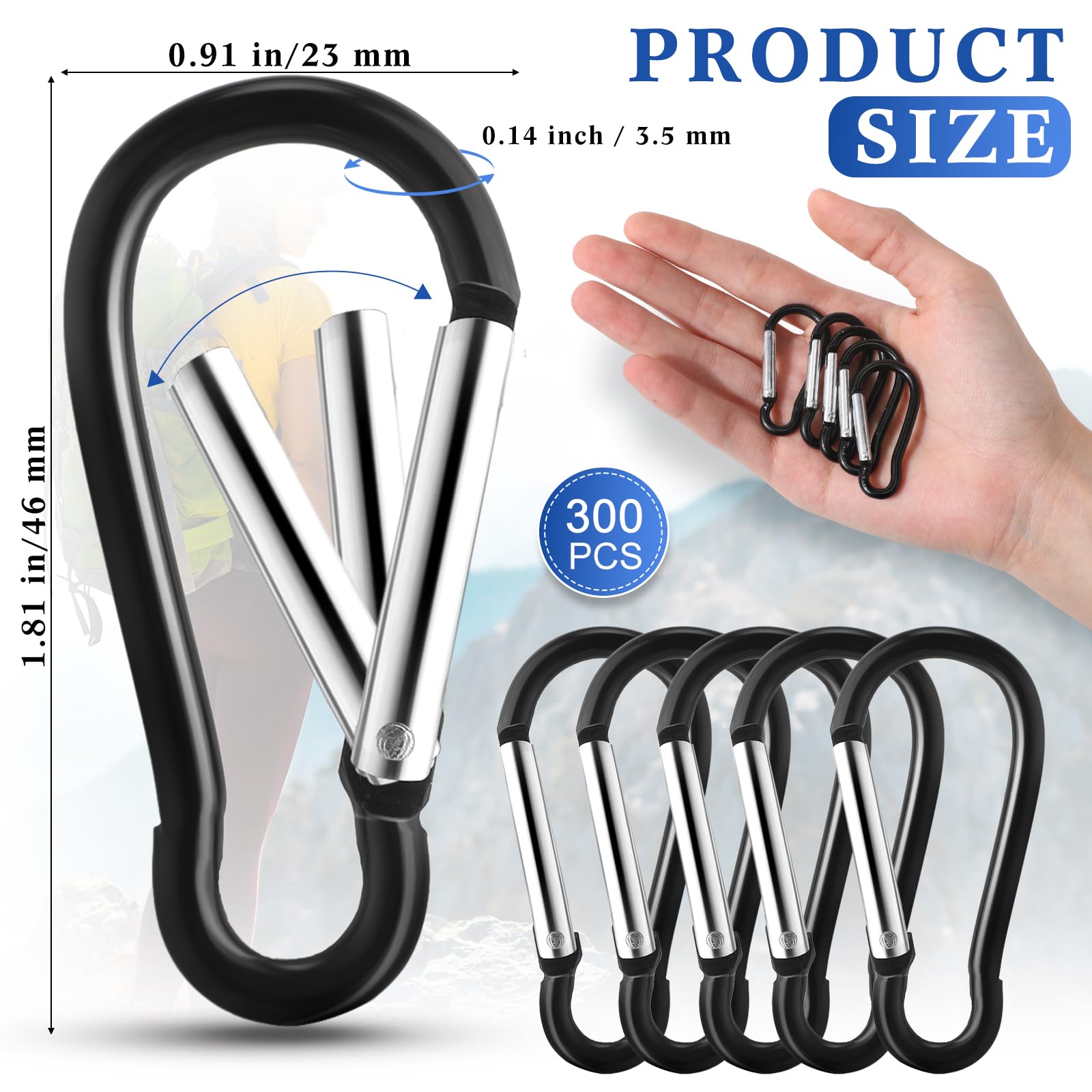 Yaocom 300 Pcs 2" Carabiner Bulk Spring Snap Hooks Bulk Aluminum All