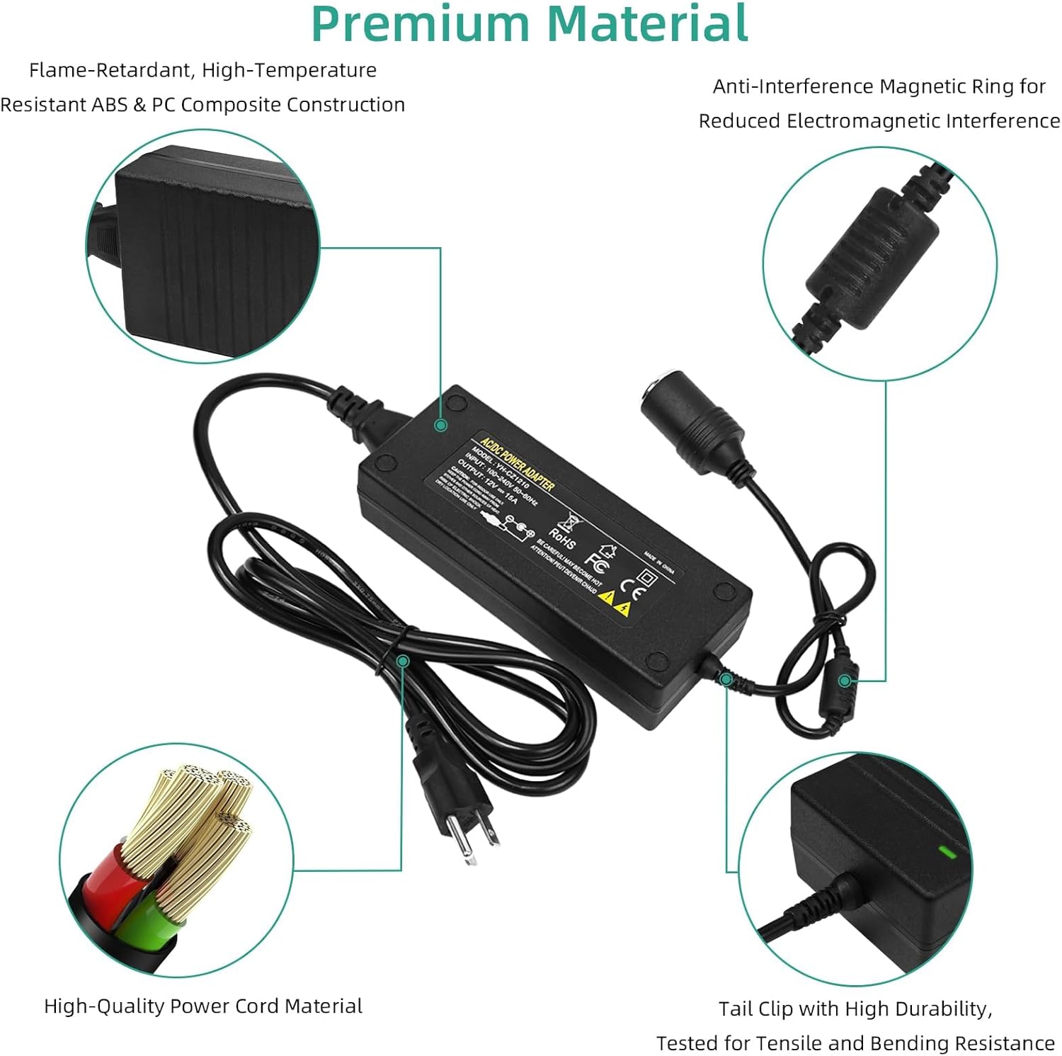 AC to DC Converter, 12V 15A Power Supply Adapter Transformer, AC 100V~240V 180W 60Hz, Car Cigarette Lighter Socket Adapter for Vehicles, with Overload | Short-Circuit Protection